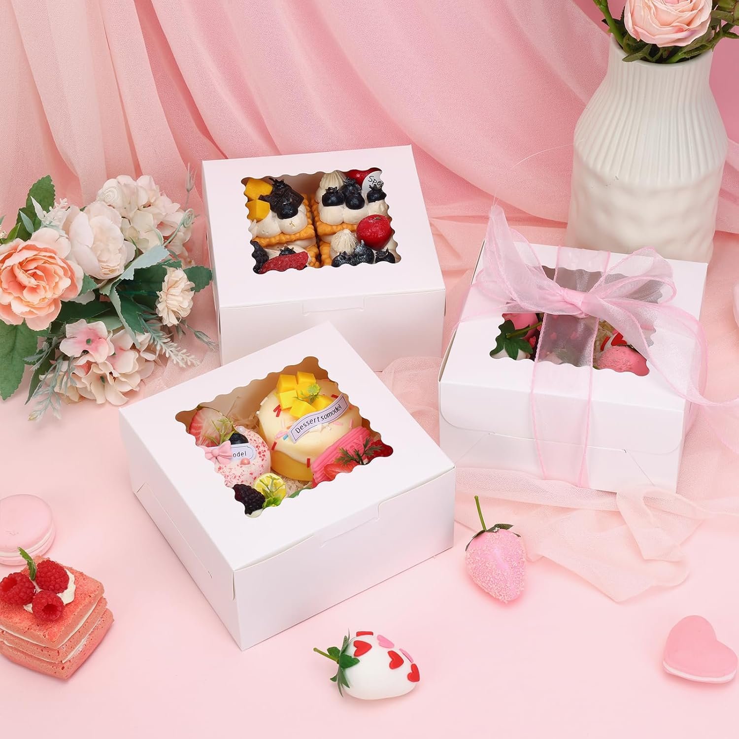 Wholesale 65pcs 6x6x3 Inch White Bakery Boxes with Clear Window for Cookies Cupcakes Pastries Small Pies Chocolate Covered Strawberries Factory