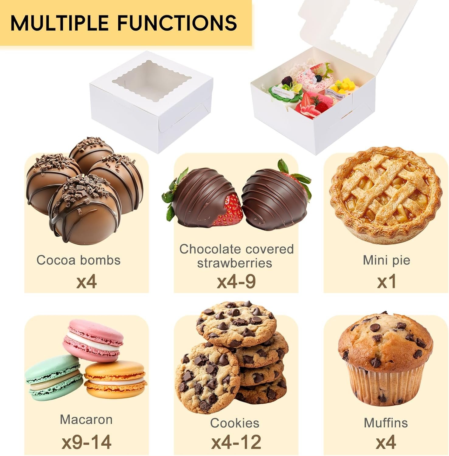 Wholesale 65pcs 6x6x3 Inch White Bakery Boxes with Clear Window for Cookies Cupcakes Pastries Small Pies Chocolate Covered Strawberries Factory