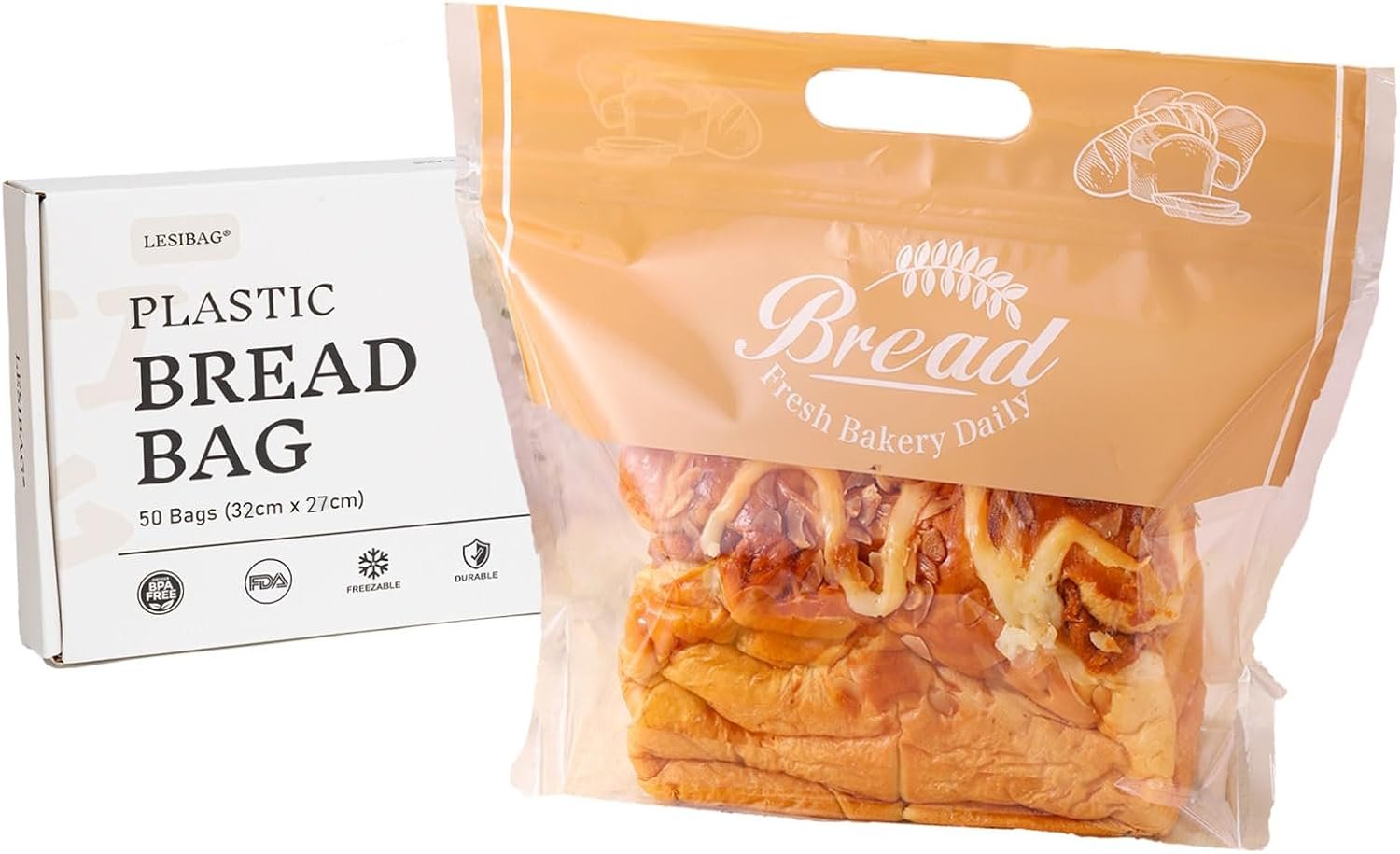 Plastic Bread Bags for Homemade Bread, Freezable Seal Tight Cellophane Bags for Loaves, Sourdough，Bagels (50 Packs) Orange