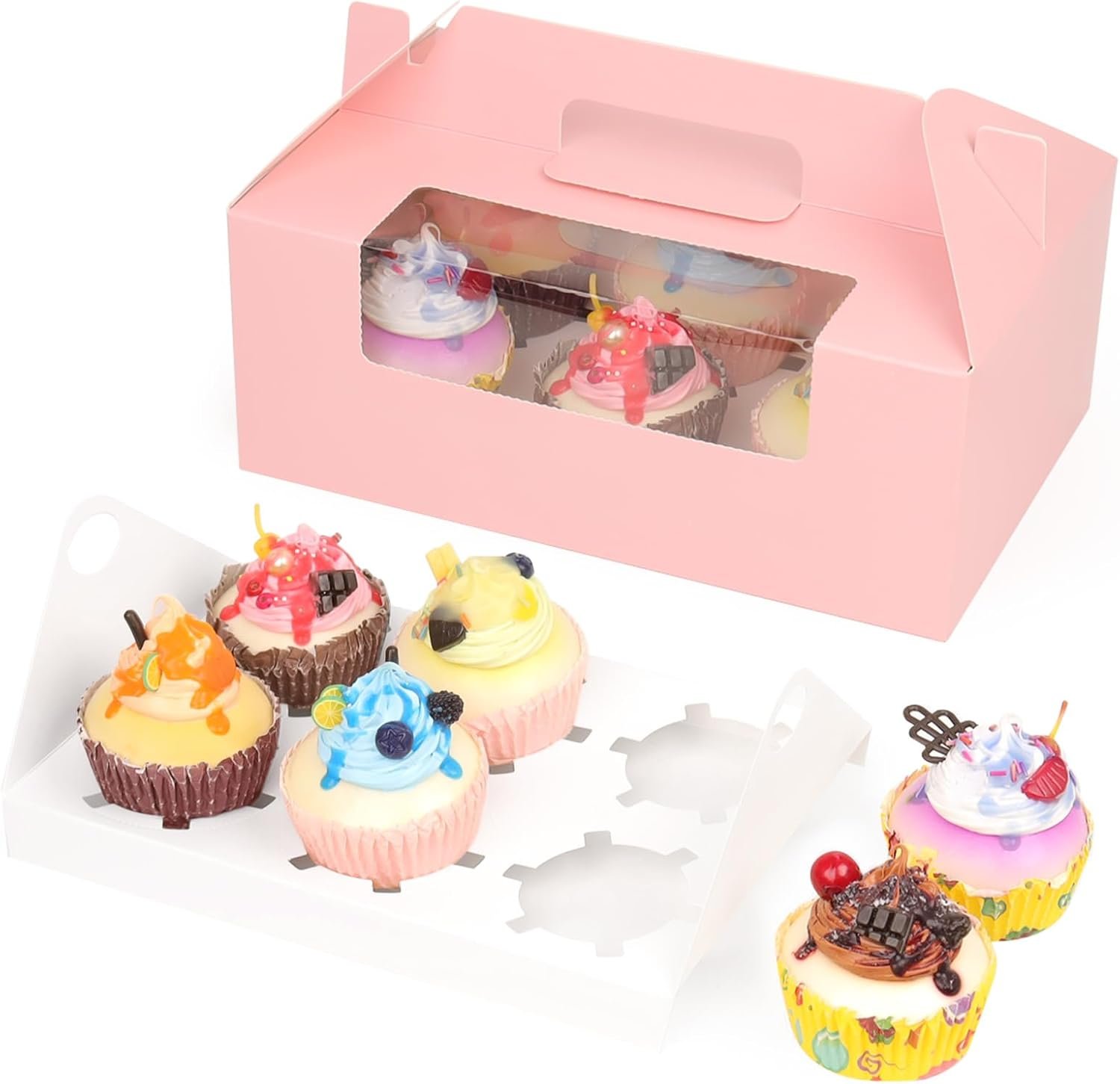 FORBFAN 50 Pcs Cupcake Boxes with Handles, 6 Count Muffin Boxes with Window, and Inserts, Cupcake Holders Bakery Carrier Boxes for Cookies Treats Dessert