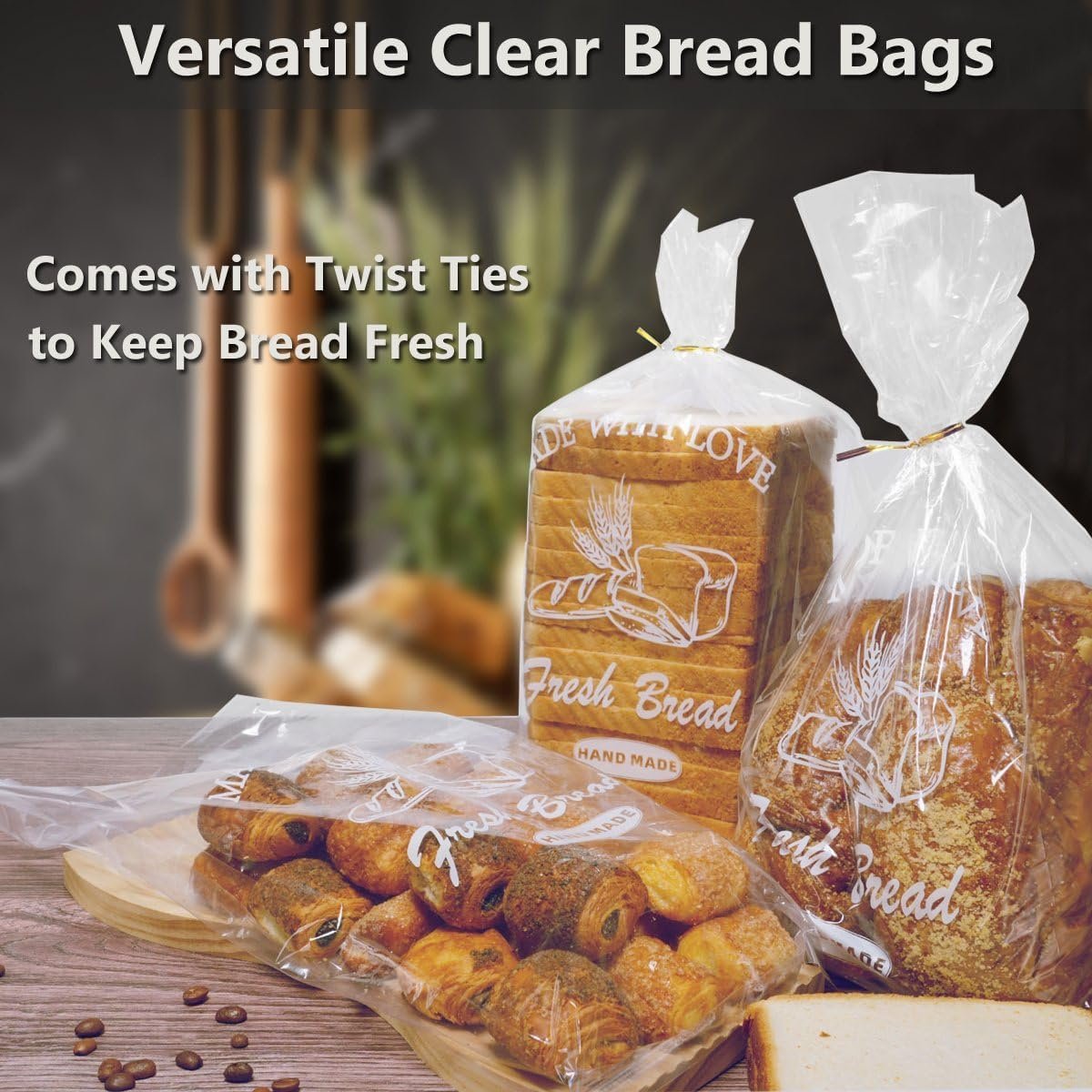 Wholesale Printed Bread Loaf Bags with Ties Large Bakery Plastic 8x4x18 Inch 40 Pack Reusable Adjustable Factory