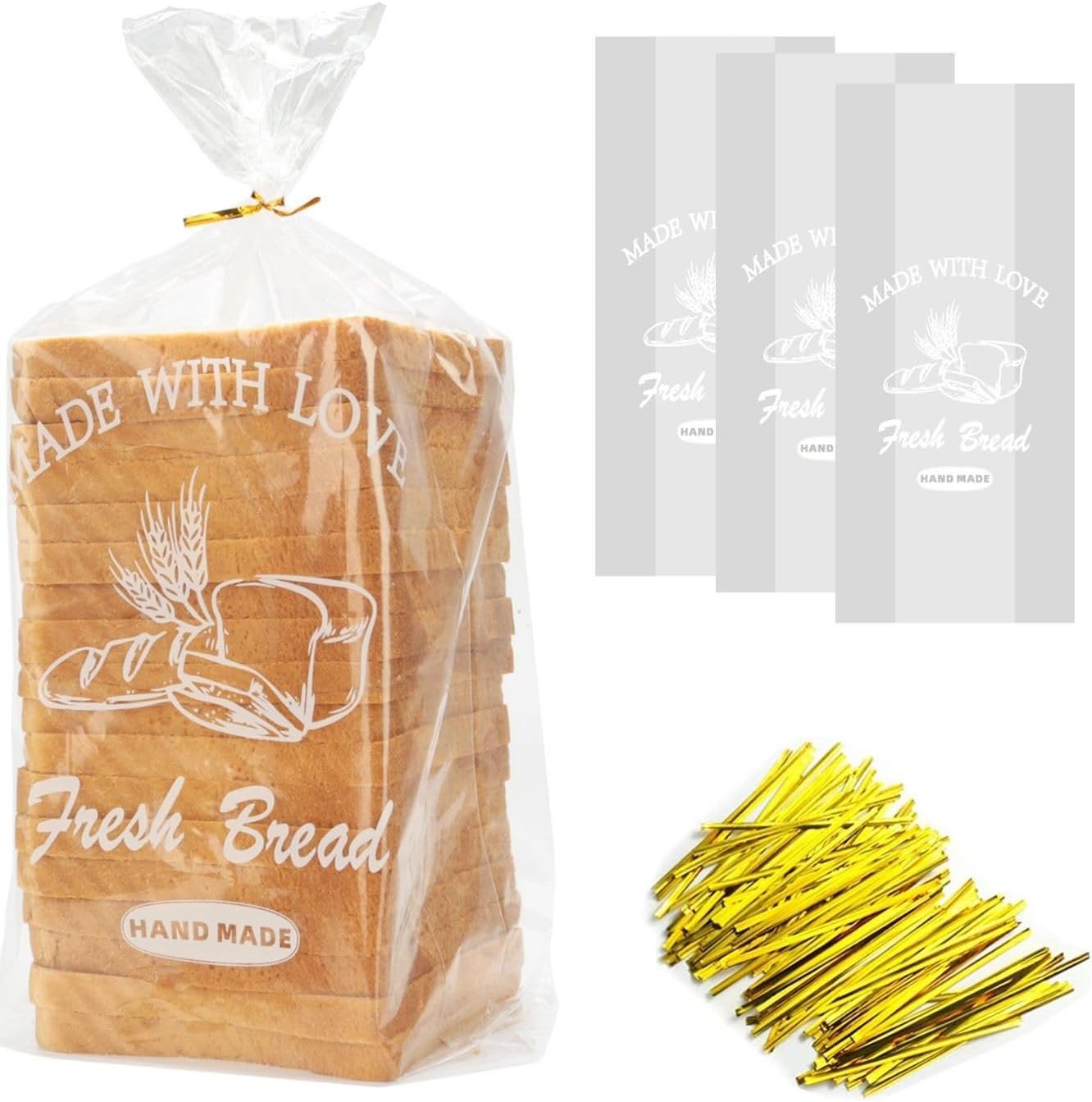 Bread Loaf Packing Bags with Ties, Printed Large Bakery Homemade Bread Plastic Bags, 8” x 4” x 18”,40 Pack, Printed Container Reusable Adjustable