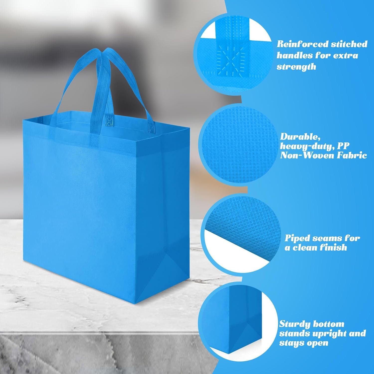 Wholesale 50 Pieces Reusable Non-Woven Tote Bags Bulk Grocery Shopping with Handles Foldable for Boutiques Sky Blue Factory