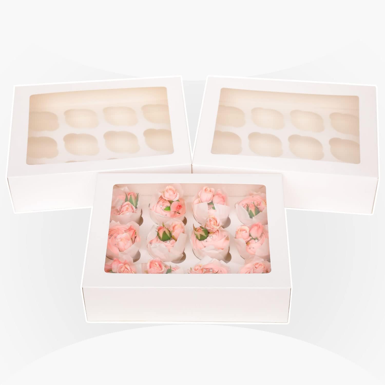 Wholesale Auto Pop Up Cupcake Boxes with Window White 40PCS 12 Count 13x10x3.5 Inch Carrier Containers 2 Rolls Pink Ribbons Factory