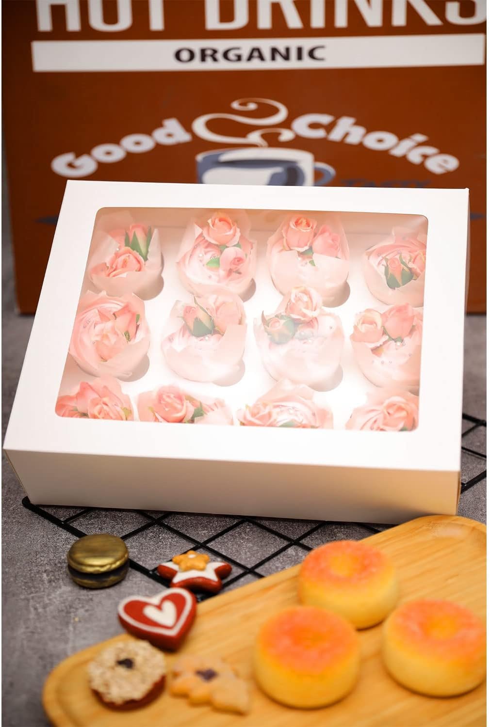 Wholesale Auto Pop Up Cupcake Boxes with Window White 40PCS 12 Count 13x10x3.5 Inch Carrier Containers 2 Rolls Pink Ribbons Factory