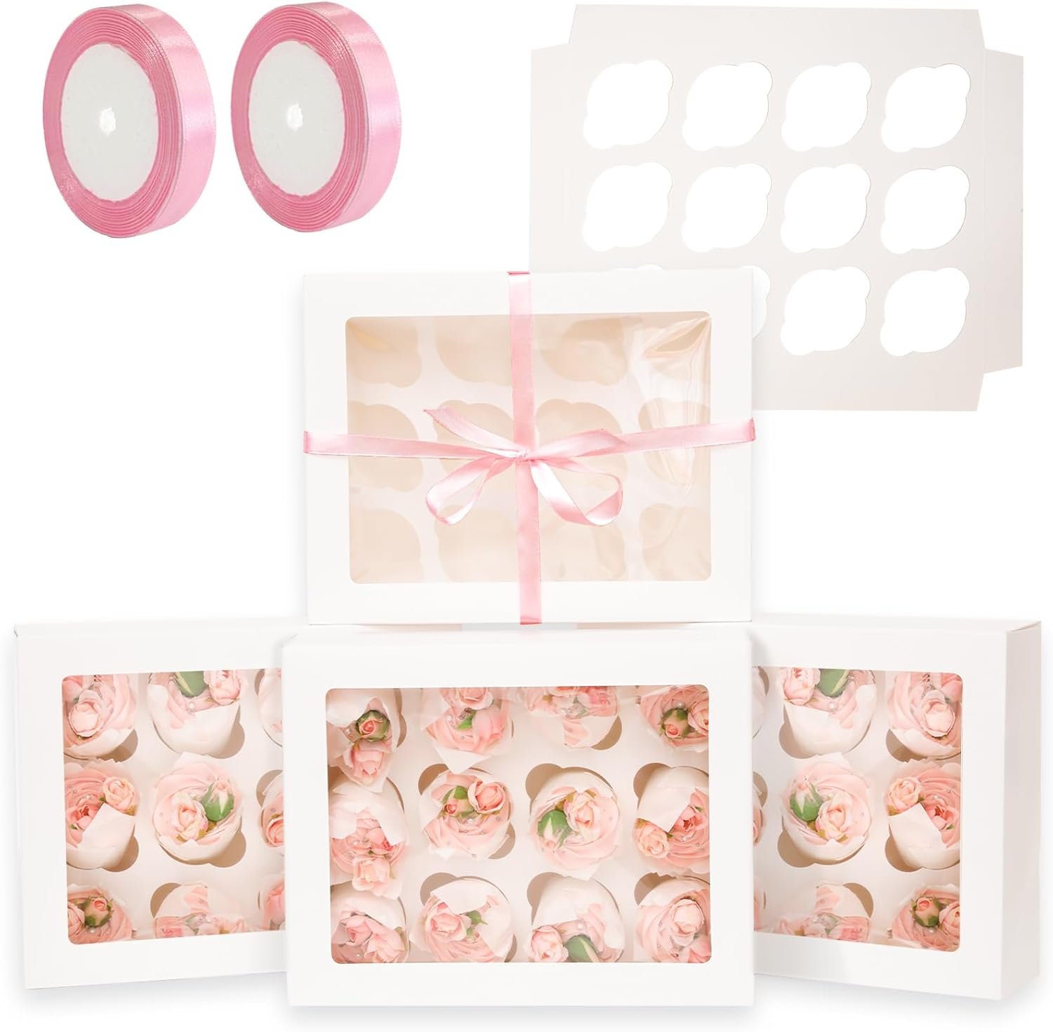 qiqee Auto-pop Up Cupcake Boxes with Window White 40PCS 12 Count Cupcake Box 13"x10"x3.5" Cupcakes Carrier, 12 Cupcake Containers with 2 rolls of pink ribbons