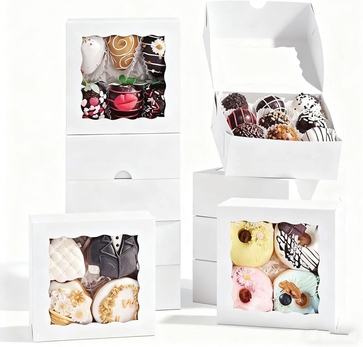 20 Pcs Bakery Boxes-5x5x2 Inch with Window-Cookies, Mini Cakes, Chocolate Covered Strawberries, Macarons, Pies & Brownie Boxes