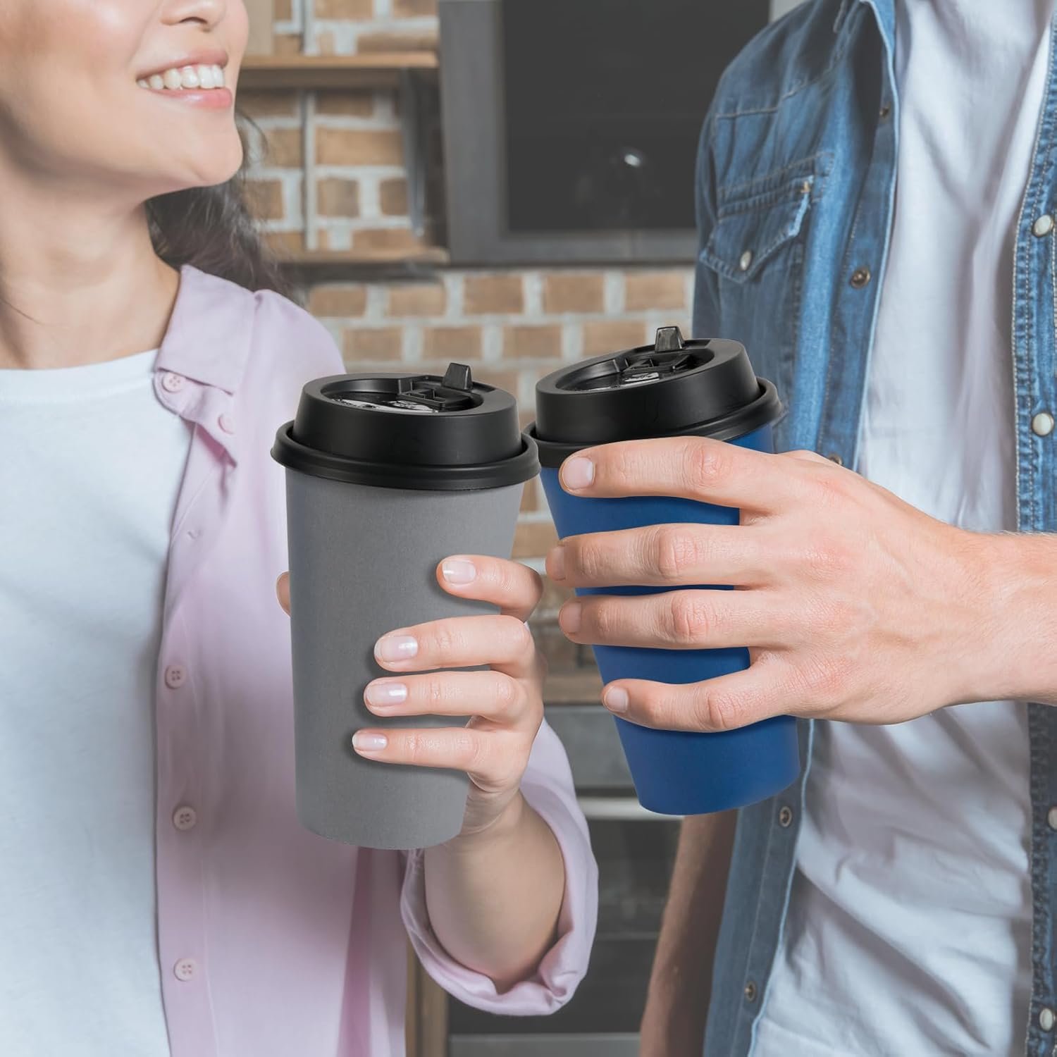 Wholesale 100 Pack 16 oz Disposable Paper Cups with Lids for Hot Beverages Like Coffee Tea Juice Water in Blue Gray for Home Office Restaurant Cafe Use Factory