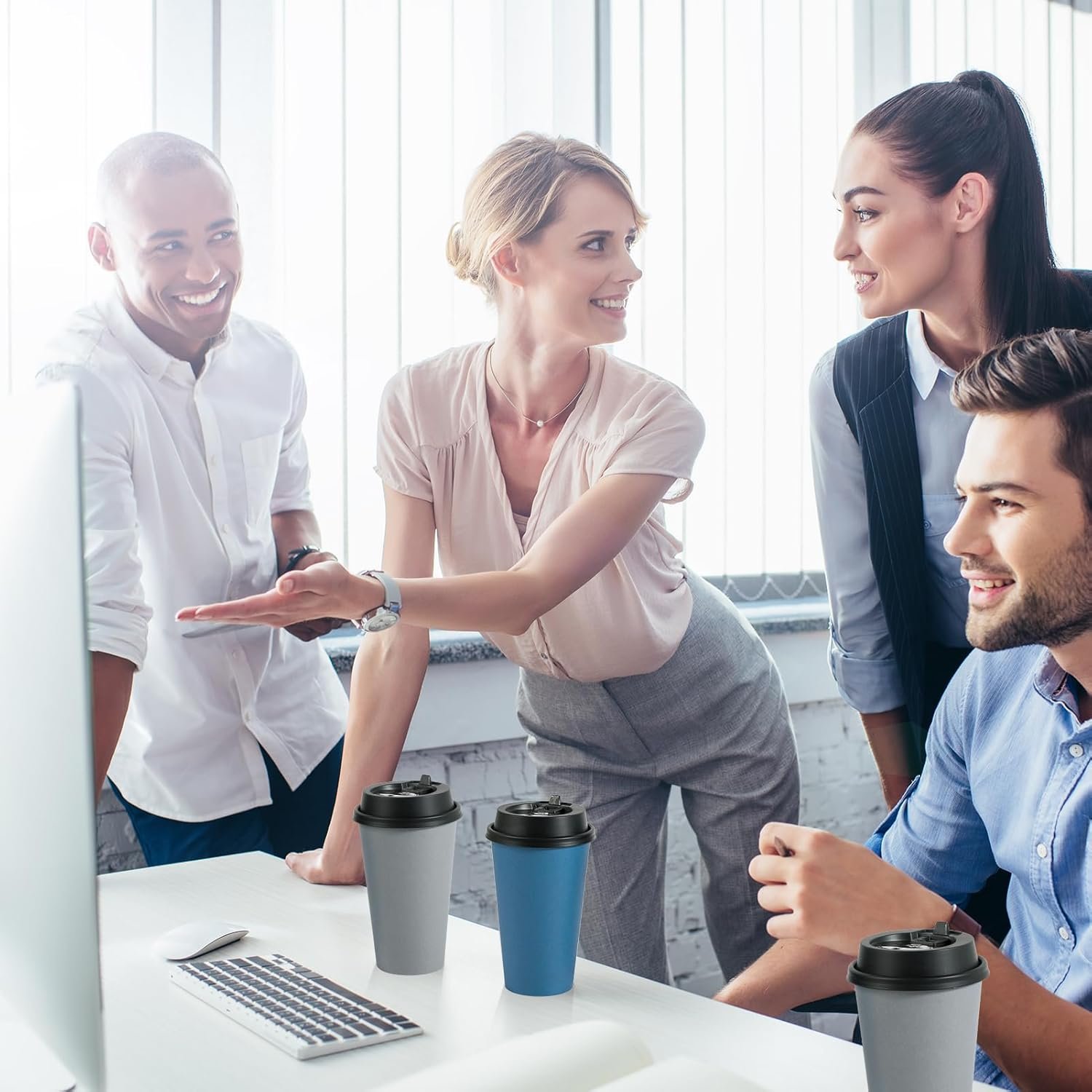 Wholesale 100 Pack 16 oz Disposable Paper Cups with Lids for Hot Beverages Like Coffee Tea Juice Water in Blue Gray for Home Office Restaurant Cafe Use Factory