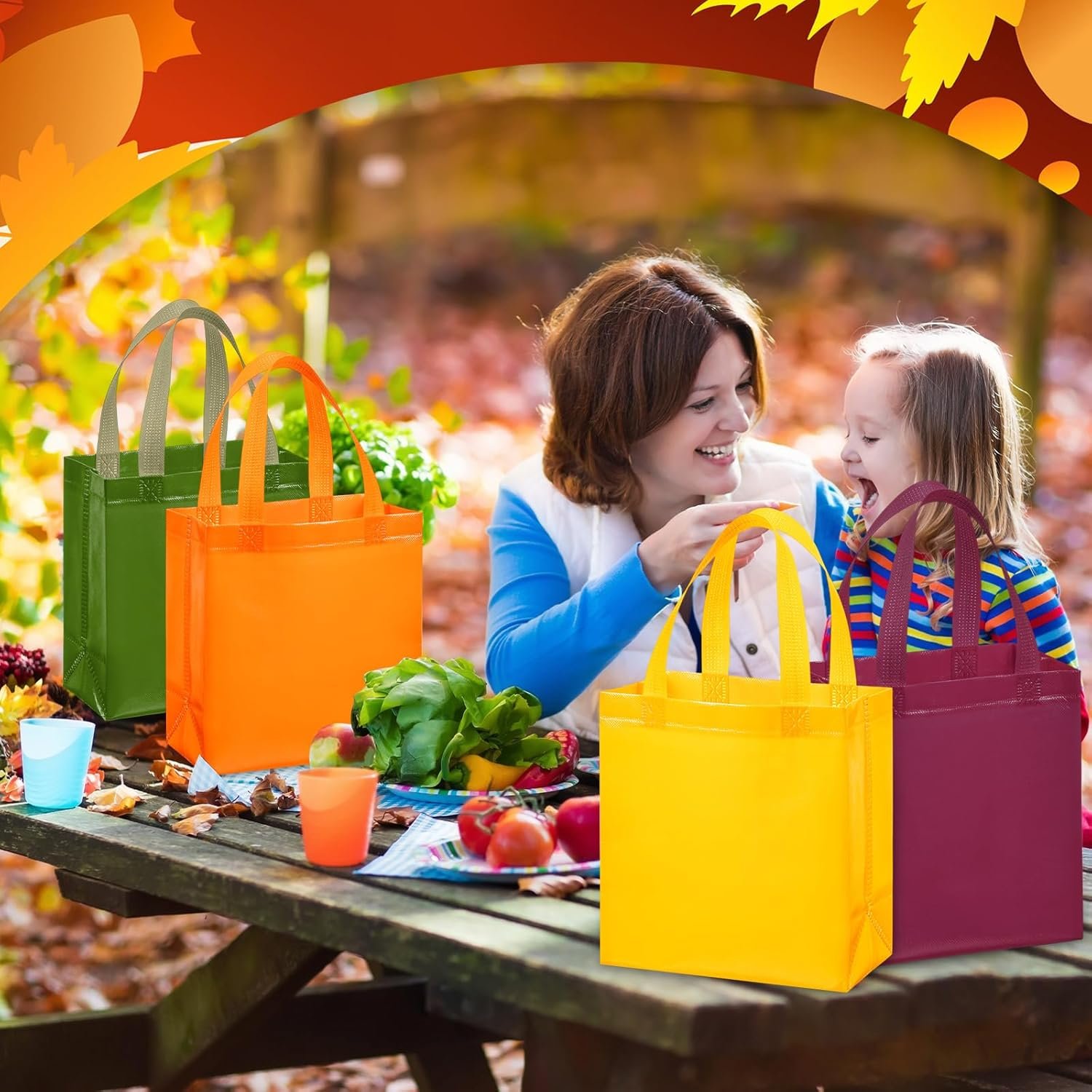 Wholesale 18 Pcs 36 Pcs Reusable Non-Woven Thanksgiving Fall Gift Bags with Handles Bulk Party Favor Totes Autumn Rainbow Colors for Women Wedding Birthday Bridal Shower Decoration Orange Factory