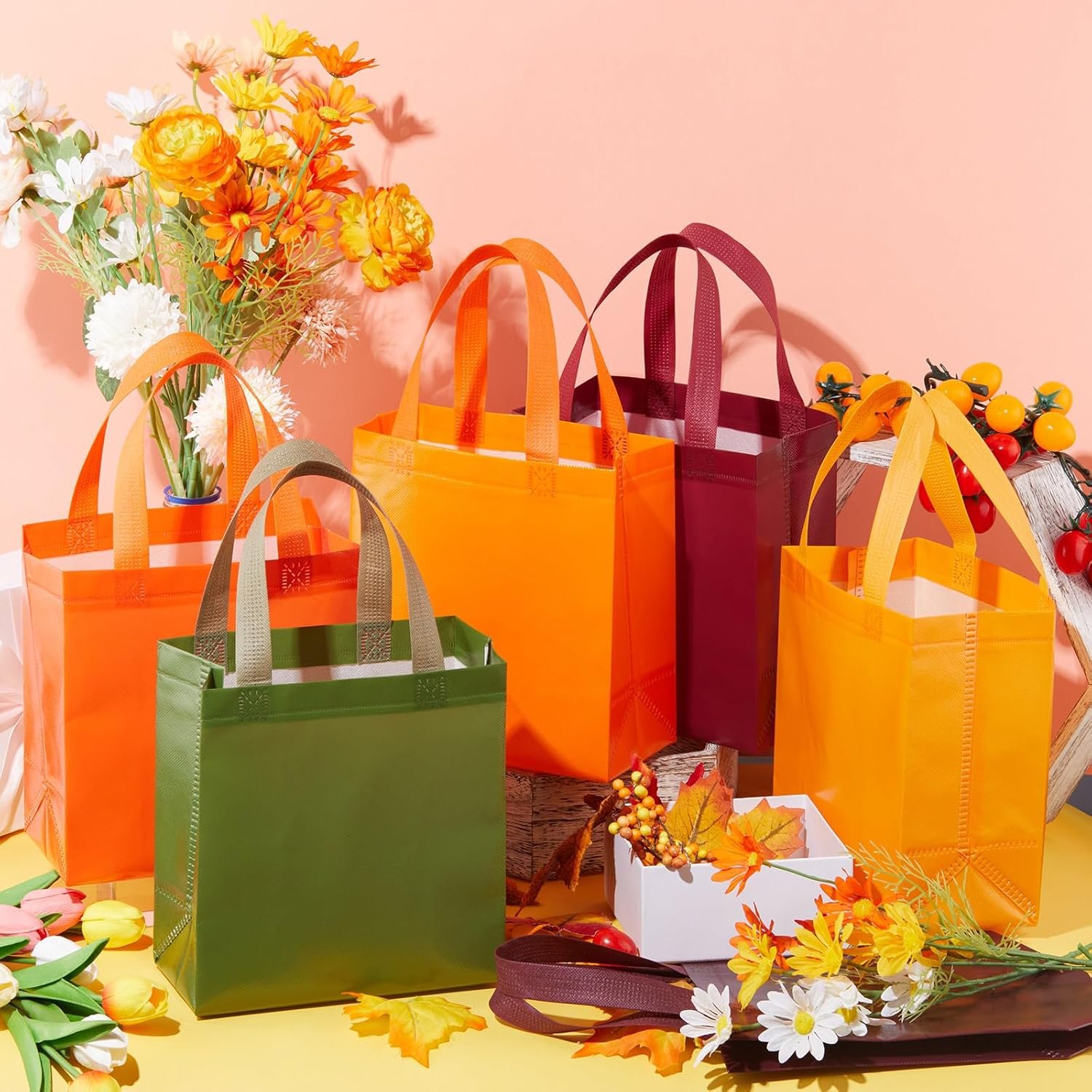Wholesale 18 Pcs 36 Pcs Reusable Non-Woven Thanksgiving Fall Gift Bags with Handles Bulk Party Favor Totes Autumn Rainbow Colors for Women Wedding Birthday Bridal Shower Decoration Orange Factory