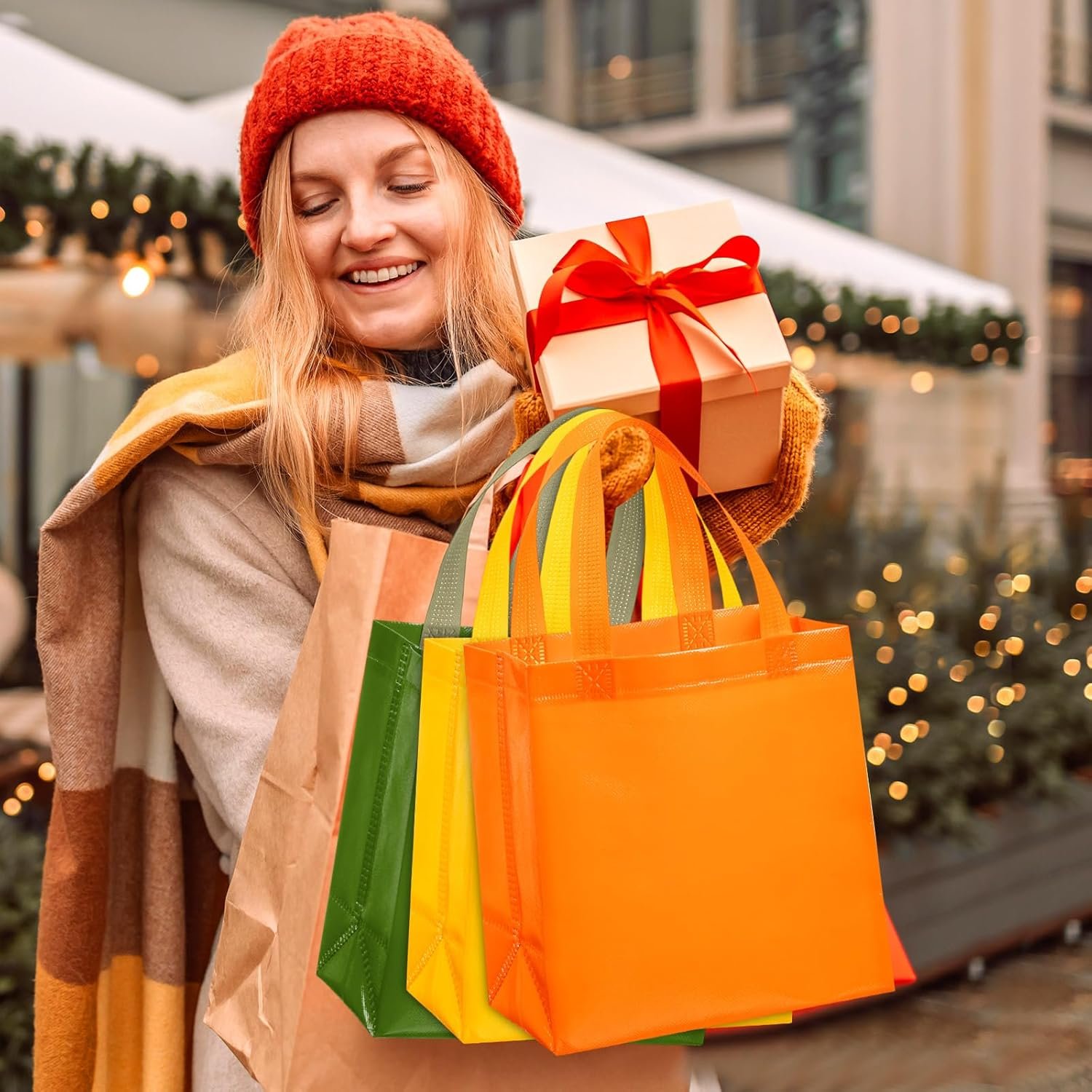 Wholesale 18 Pcs 36 Pcs Reusable Non-Woven Thanksgiving Fall Gift Bags with Handles Bulk Party Favor Totes Autumn Rainbow Colors for Women Wedding Birthday Bridal Shower Decoration Orange Factory