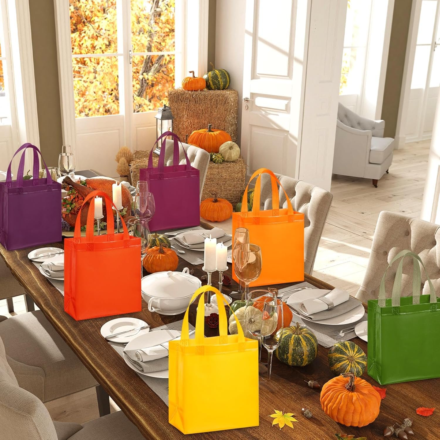 Wholesale 18 Pcs 36 Pcs Reusable Non-Woven Thanksgiving Fall Gift Bags with Handles Bulk Party Favor Totes Autumn Rainbow Colors for Women Wedding Birthday Bridal Shower Decoration Orange Factory