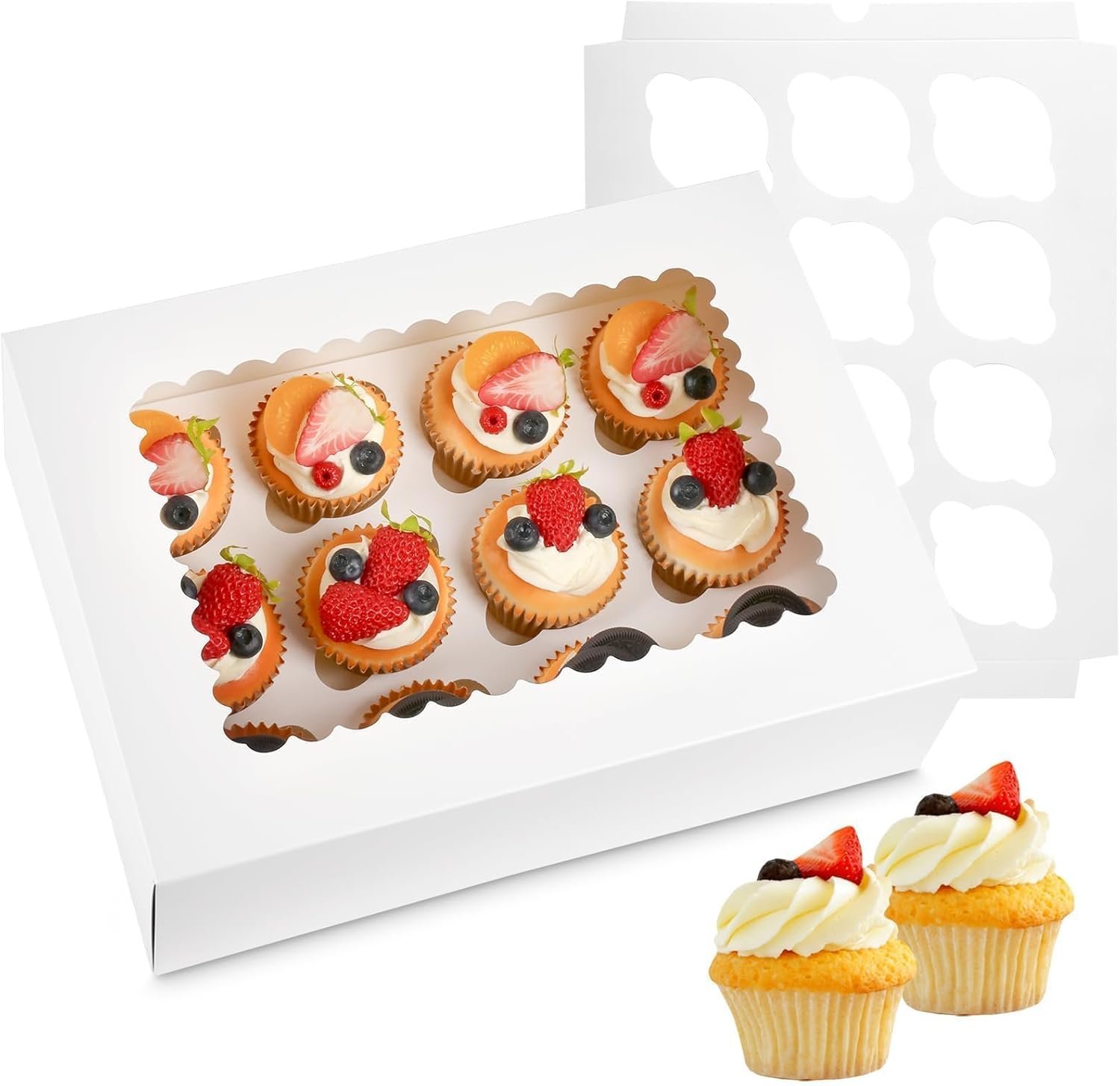 12PCS Cupcake Boxes 12 Count with Window, No Assembly Required, Disposable Cupcake Containers & Holder for Birthday, Holiday, Bakery Supplies