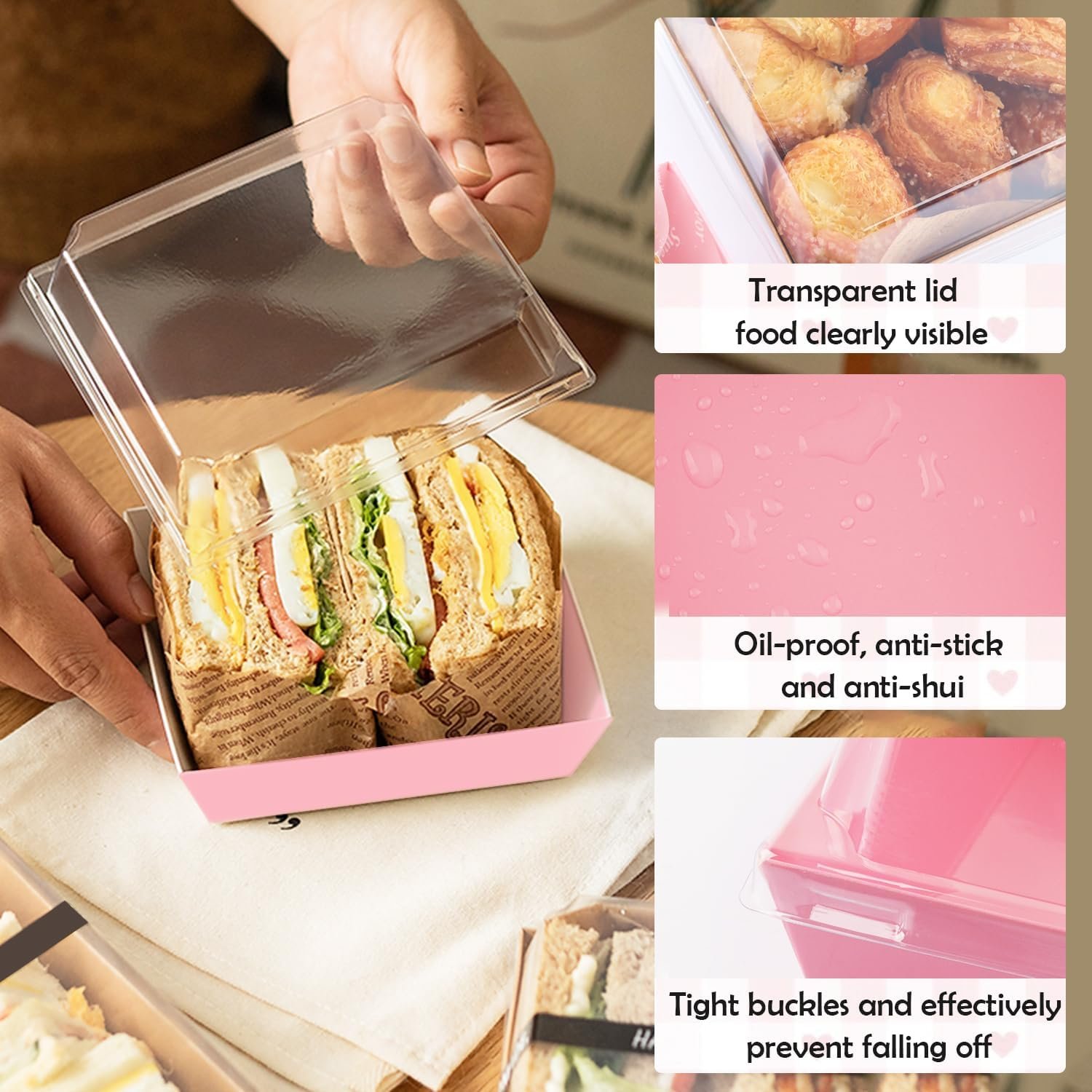 Wholesale 50-Pack 4-Inch Pink Disposable Charcuterie Boxes with Clear Lids for Cookies Sandwiches Strawberries Cupcakes Macarons Cake Slices Factory