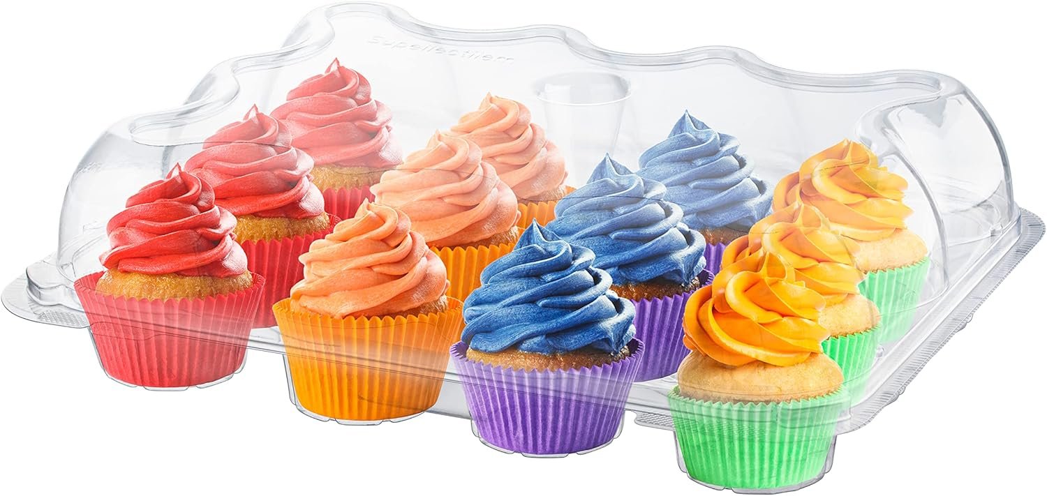 5 Cupcake Containers Plastic Disposable | High Dome Cupcake Boxes 12 Compartment Cupcake Holders Disposable Cupcake Carrier | Dozen Cupcake Trays | Durable Cup Cake Muffin Packaging Transporter