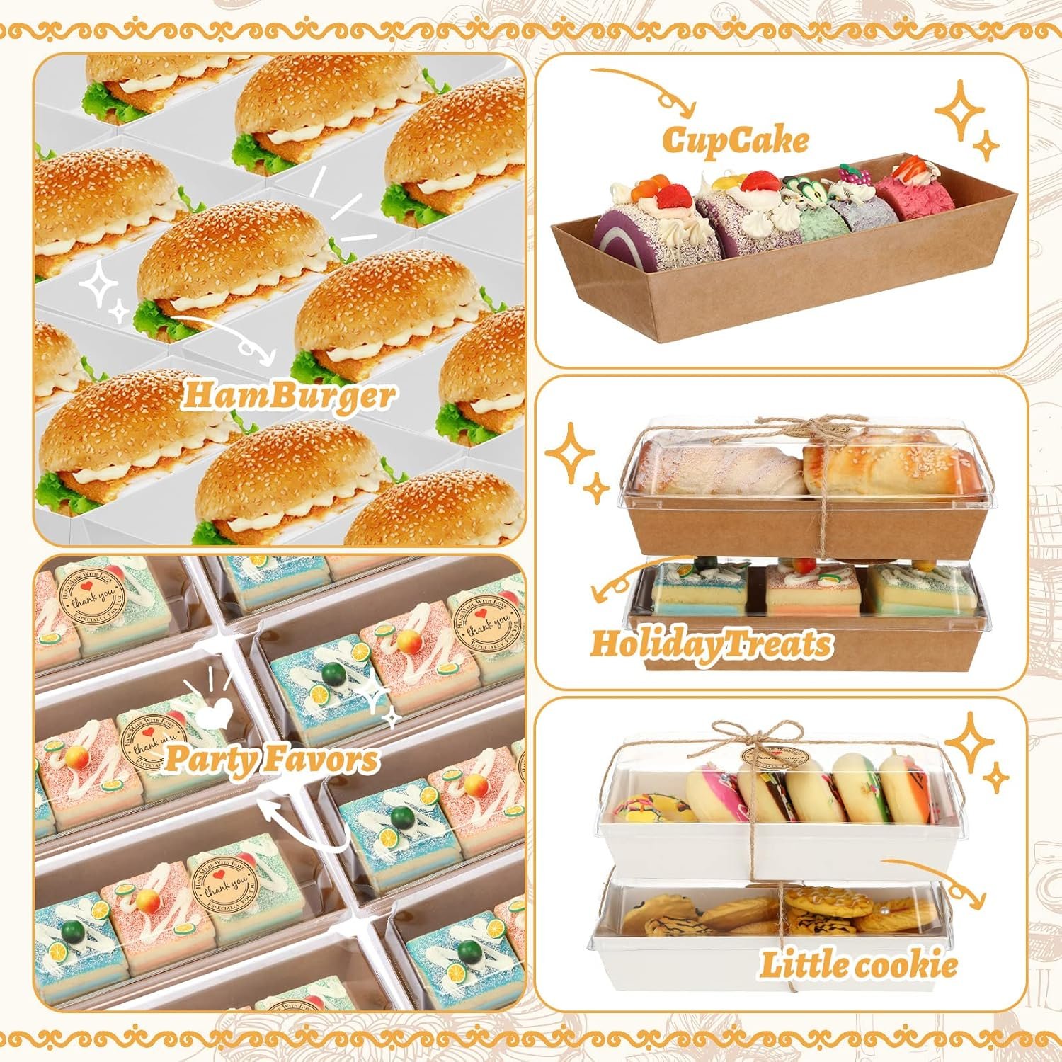 Wholesale 100 Pack Disposable Paper Rectangle Boxes with Clear Lids for Charcuterie Sandwiches Cookies Desserts Mini Cakes Bakery Packaging (Brown White) Factory