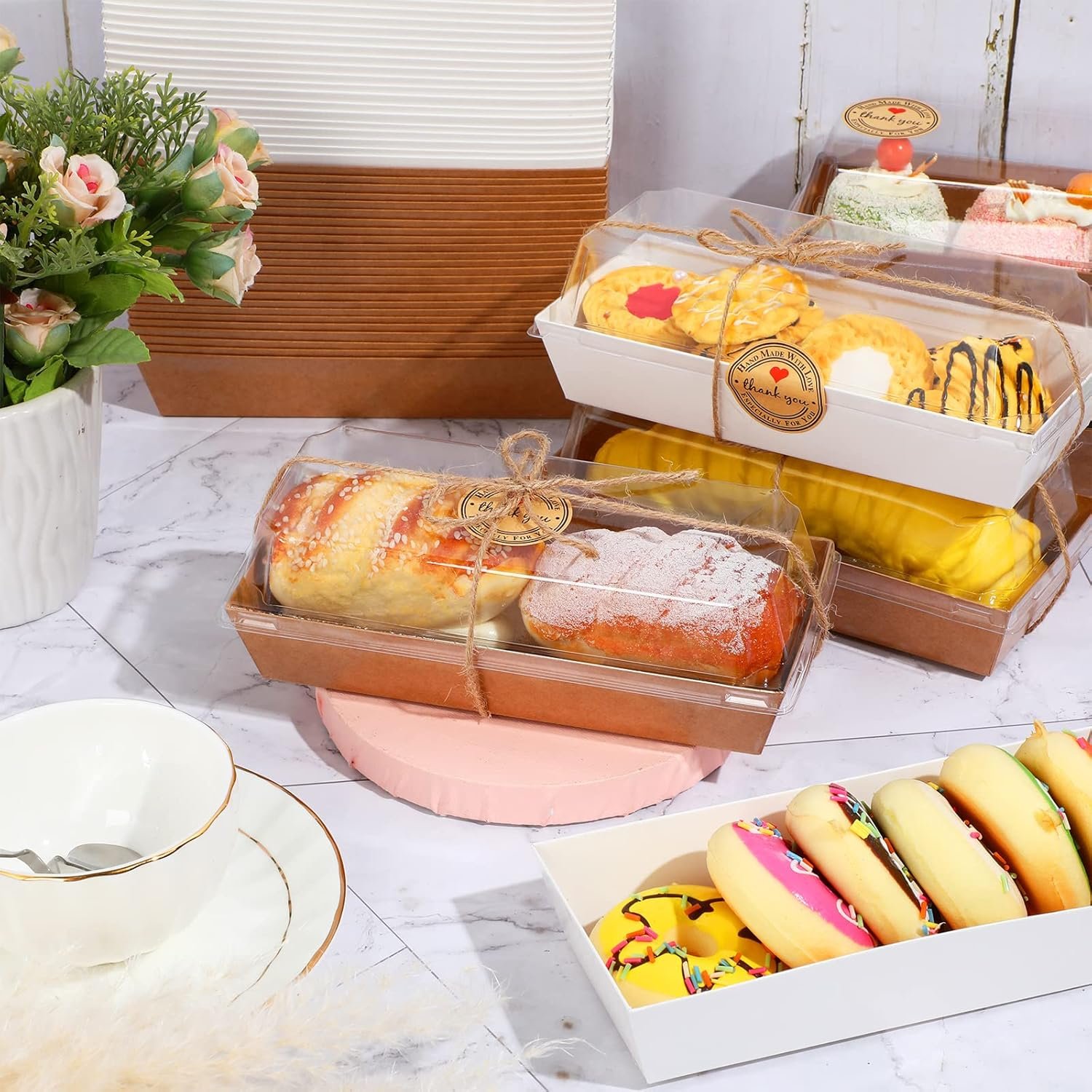 Wholesale 100 Pack Disposable Paper Rectangle Boxes with Clear Lids for Charcuterie Sandwiches Cookies Desserts Mini Cakes Bakery Packaging (Brown White) Factory