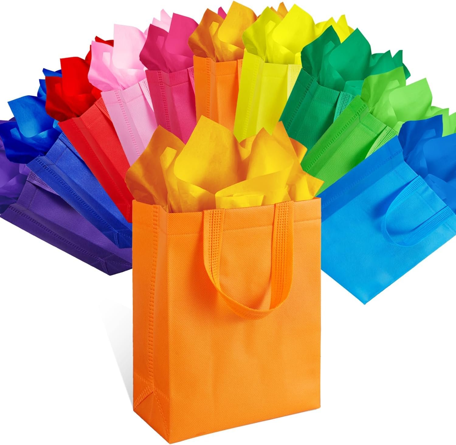 SPERPAND 30 Pcs Medium Gift Bags with Handles, Rainbow Reusable Gift Bag with Tissues Non-Woven Party Favor Bags for Kids Birthday, Baby Shower, Wedding Party Supplies