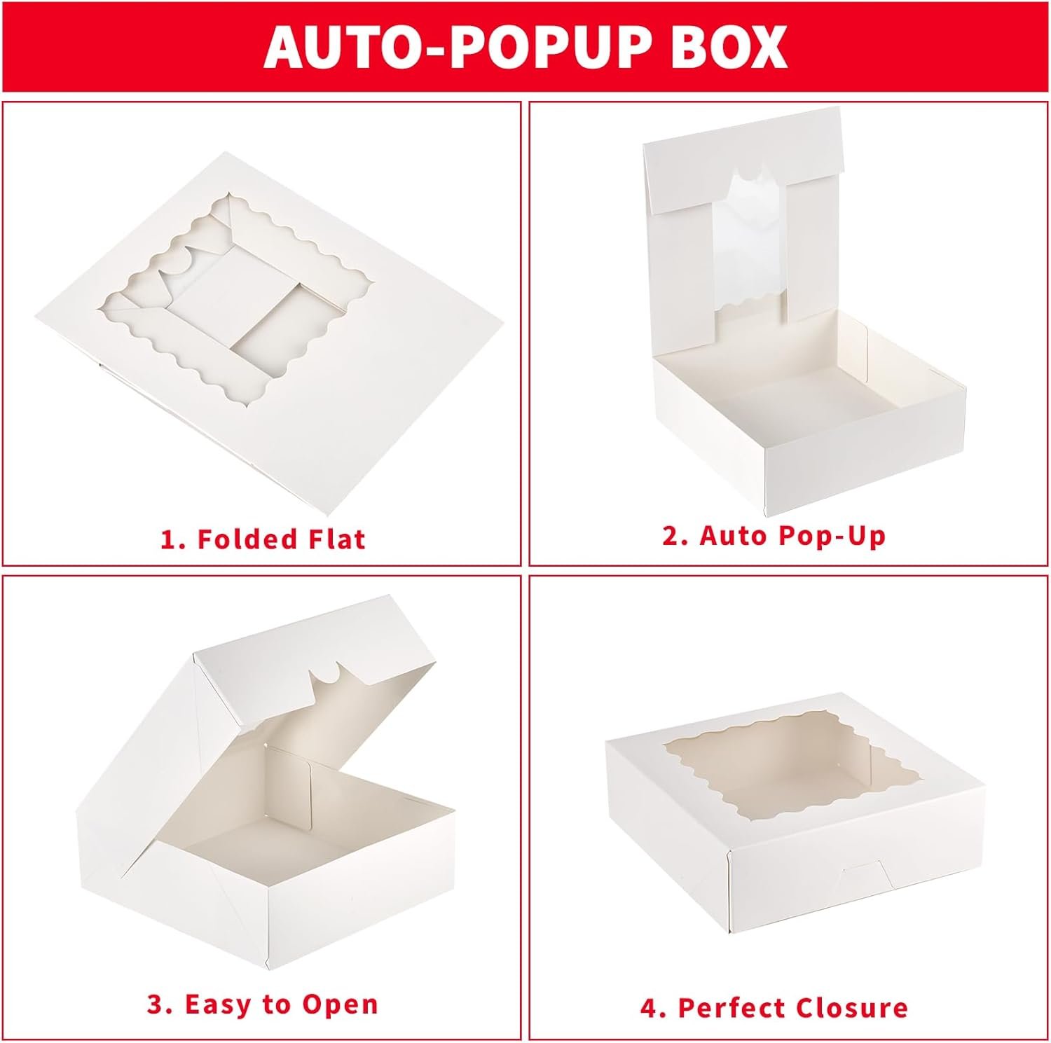 Wholesale 20 Pack 8 x 8 x 2.5 Inch Bakery Pie Boxes with Window Auto-Popup for Cookies Treats Chocolate Strawberries Pastries Muffins Donuts Factory