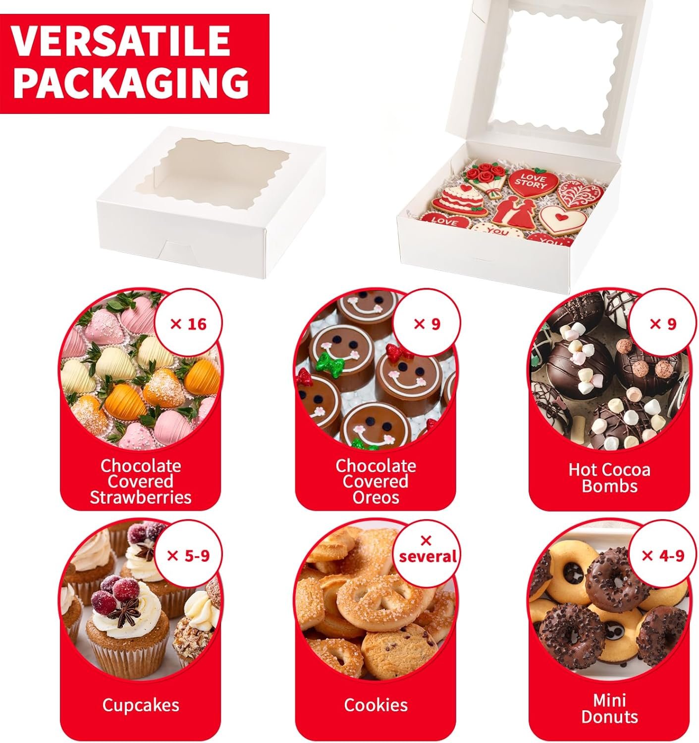 Wholesale 20 Pack 8 x 8 x 2.5 Inch Bakery Pie Boxes with Window Auto-Popup for Cookies Treats Chocolate Strawberries Pastries Muffins Donuts Factory