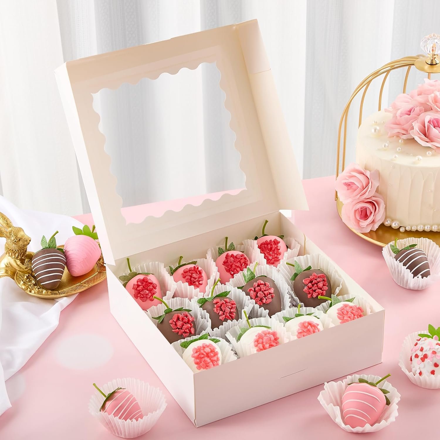 Wholesale 20 Pack 8 x 8 x 2.5 Inch Bakery Pie Boxes with Window Auto-Popup for Cookies Treats Chocolate Strawberries Pastries Muffins Donuts Factory