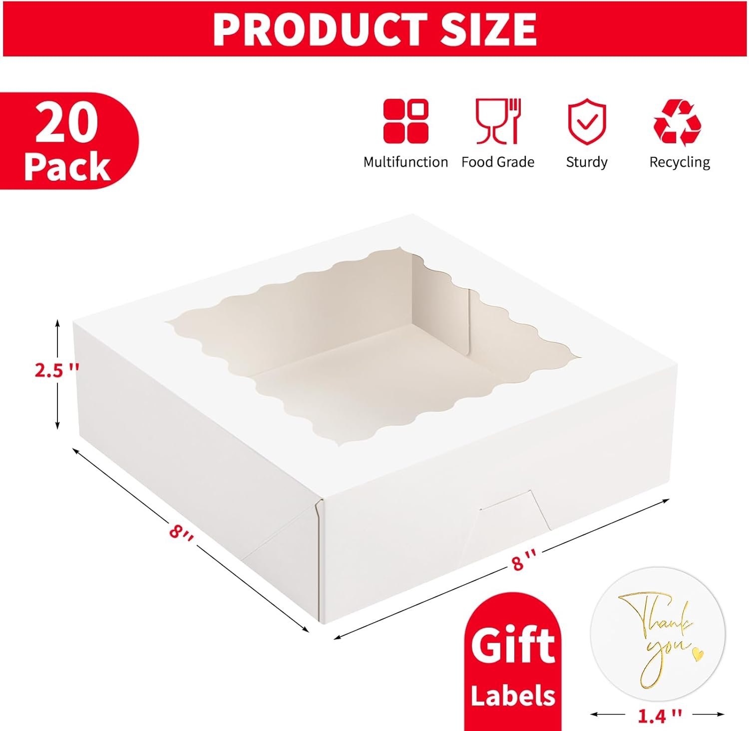 Wholesale 20 Pack 8 x 8 x 2.5 Inch Bakery Pie Boxes with Window Auto-Popup for Cookies Treats Chocolate Strawberries Pastries Muffins Donuts Factory