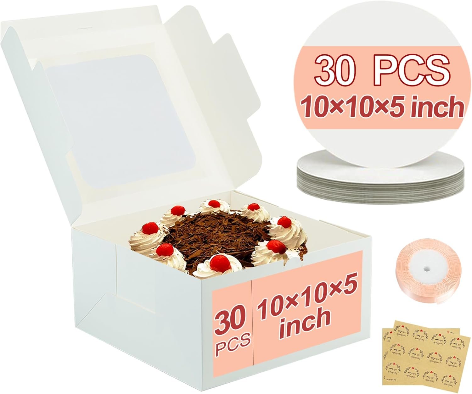 30pcs Cake Boxes and 30 Pack 10 Inch Round Cake Boards,10x10x5 Inches White Square Bakery Boxes with Window Cajas Pasteles for Cookies Pies Cupcakes Pastry
