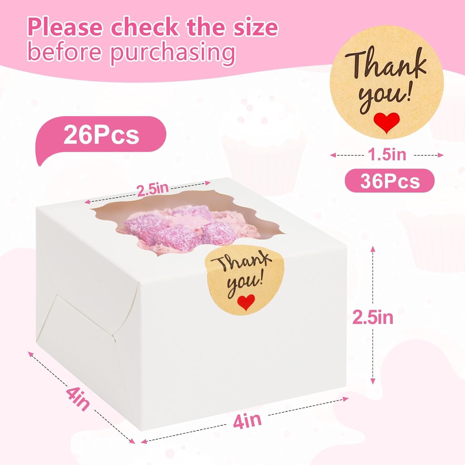 Wholesale 4x4x2.5 Inch White Cookie Boxes with Window 26pcs Small Bakery Packaging 36pcs Stickers for Mini Cakes Cookies Treats Desserts Pastries Donuts Macarons Strawberries Chocolates Cupcakes Candy Factory