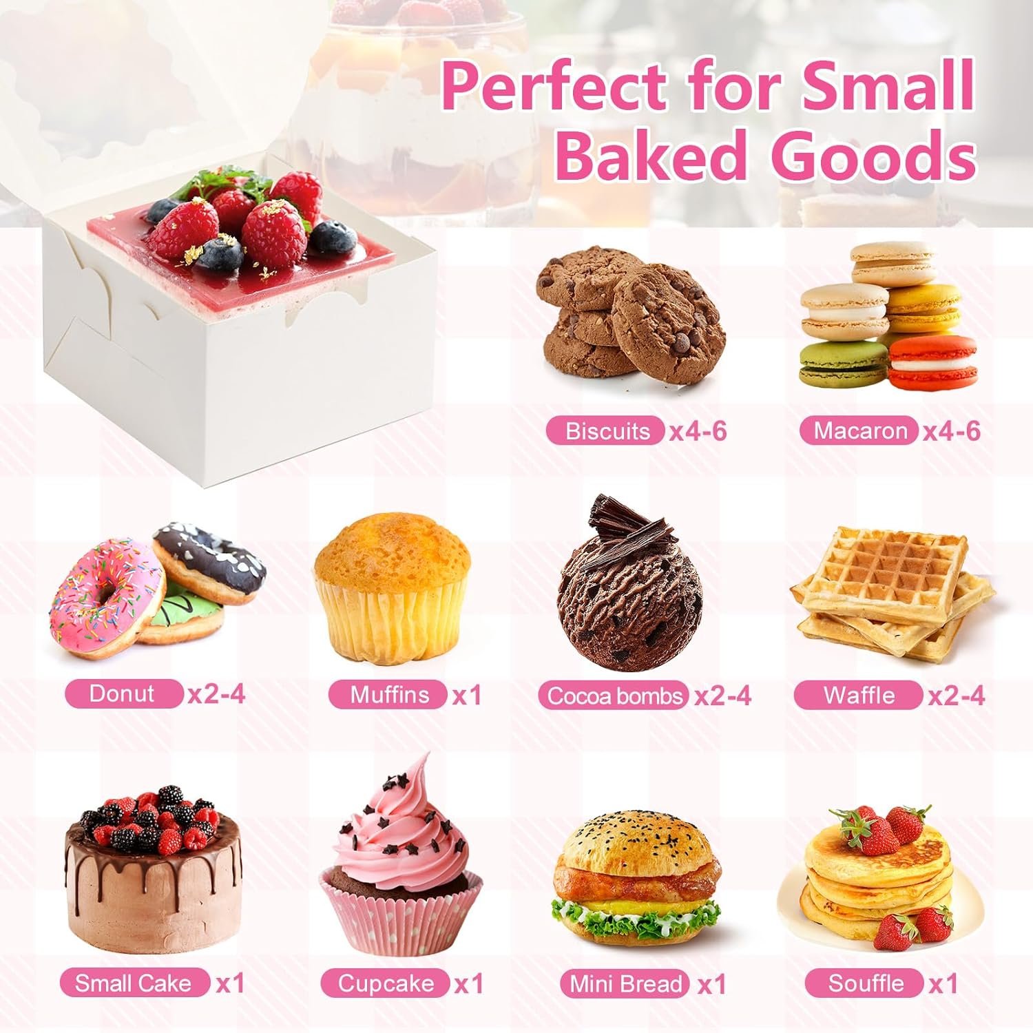 Wholesale 4x4x2.5 Inch White Cookie Boxes with Window 26pcs Small Bakery Packaging 36pcs Stickers for Mini Cakes Cookies Treats Desserts Pastries Donuts Macarons Strawberries Chocolates Cupcakes Candy Factory