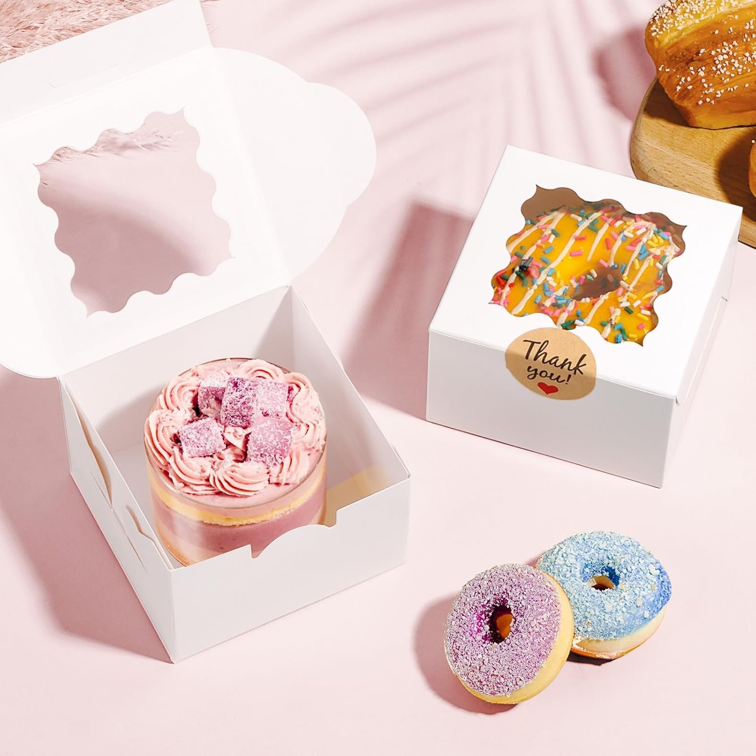 Wholesale 4x4x2.5 Inch White Cookie Boxes with Window 26pcs Small Bakery Packaging 36pcs Stickers for Mini Cakes Cookies Treats Desserts Pastries Donuts Macarons Strawberries Chocolates Cupcakes Candy Factory