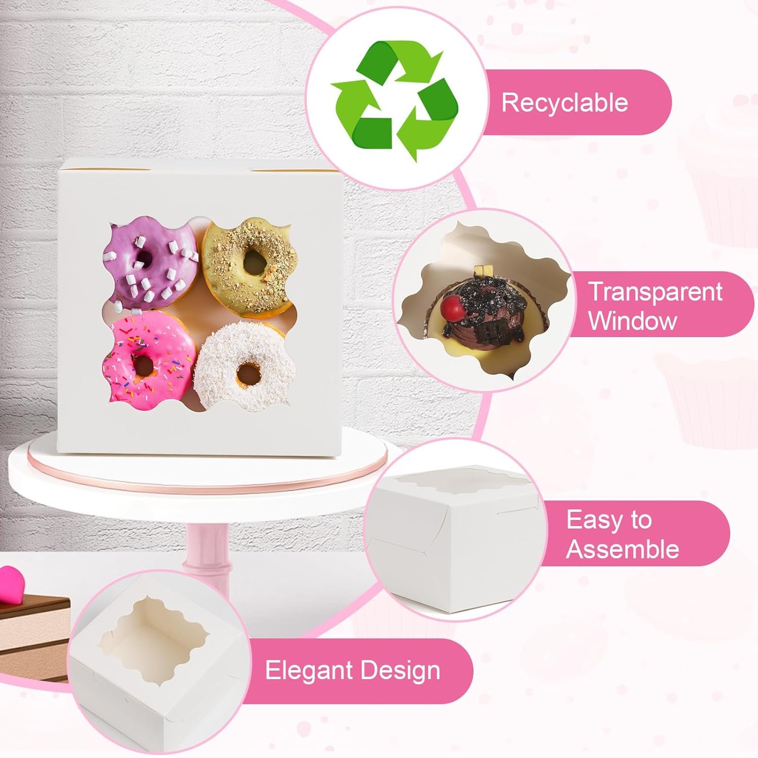 Wholesale 4x4x2.5 Inch White Cookie Boxes with Window 26pcs Small Bakery Packaging 36pcs Stickers for Mini Cakes Cookies Treats Desserts Pastries Donuts Macarons Strawberries Chocolates Cupcakes Candy Factory