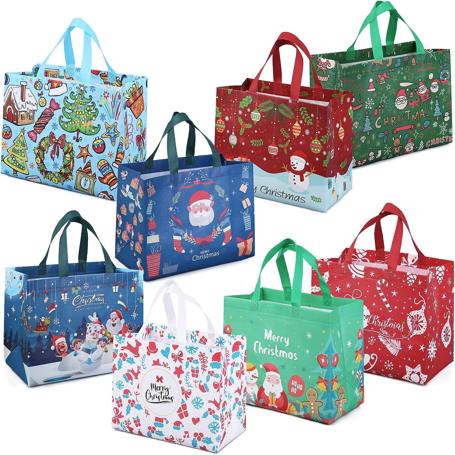 PARSUP 8PCS Christmas Gift Bags, Non-Woven Christmas Bags with Handles, Treat Tote for Gifts Wrapping Shopping, Xmas Party Supplies