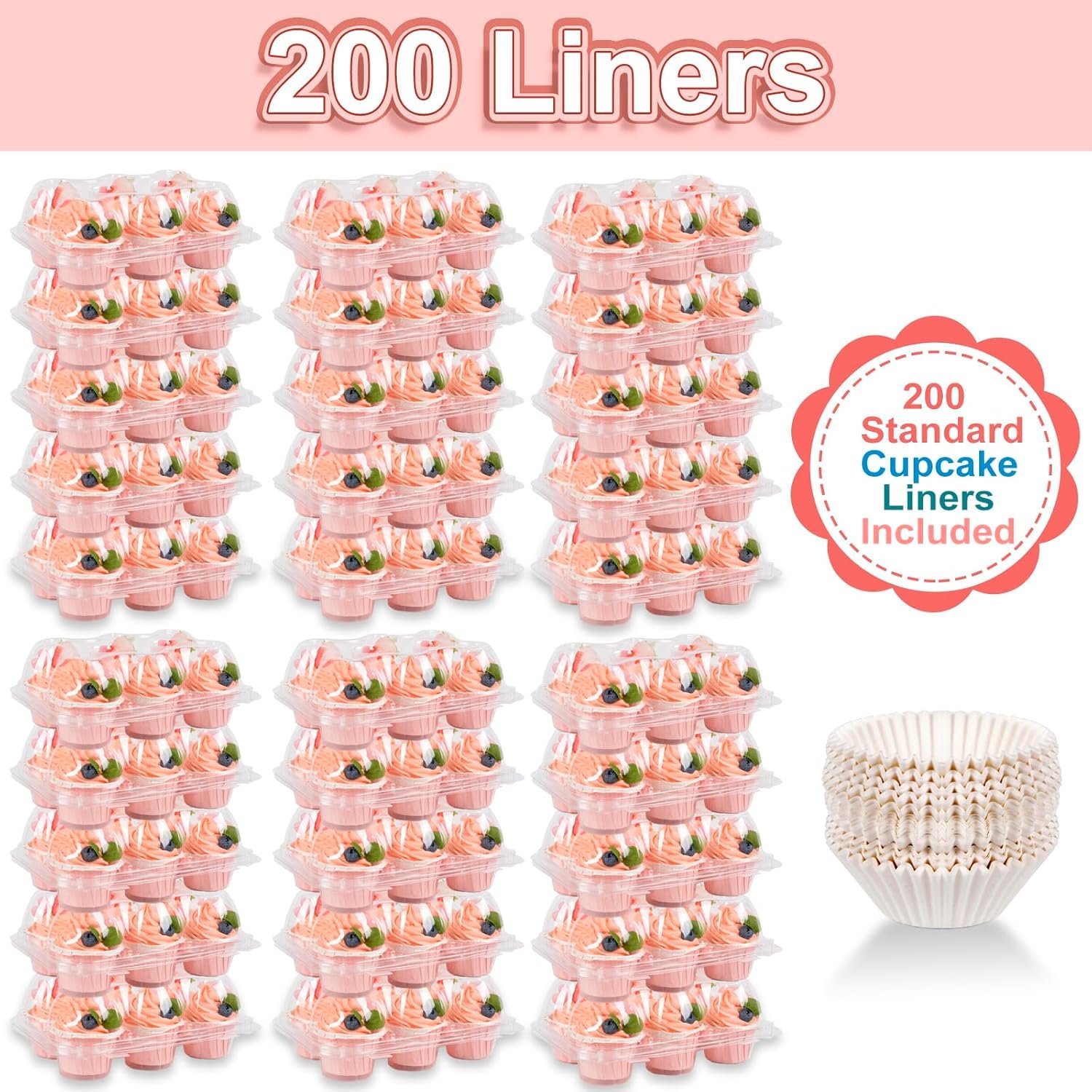Wholesale Stackable Plastic Cupcake Containers - 6-Count Holders in 30 Sets with 200 Liners, Clear Disposable Boxes and Detachable Dome Lid for Individual Mini Cakes Factory