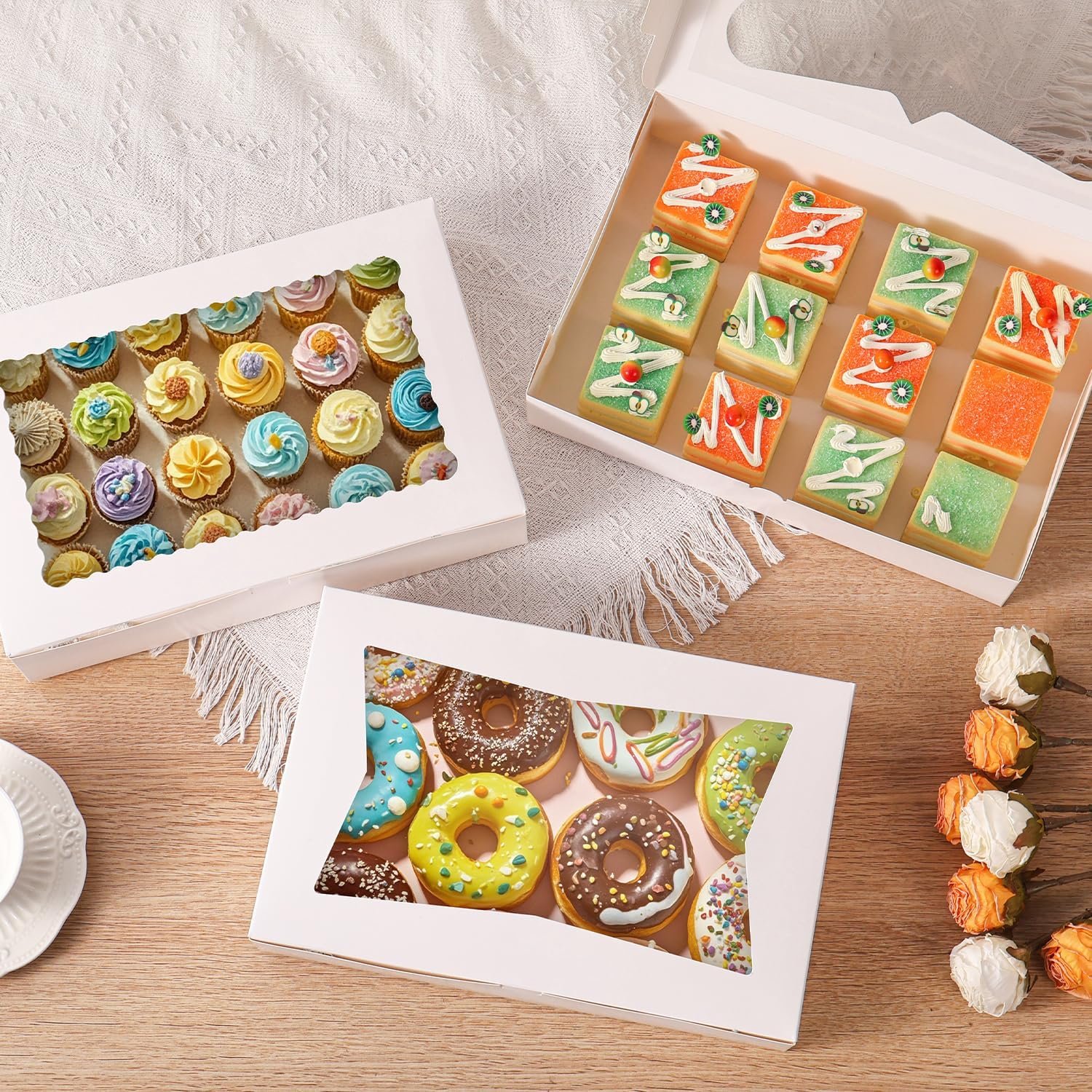 Wholesale 12-Pack 12x8x2.5 Inch Bakery Cookie Boxes with Window 3 Styles for Bread Treats Chocolate Strawberries Desserts Cakes Donuts Muffins Pastries Factory