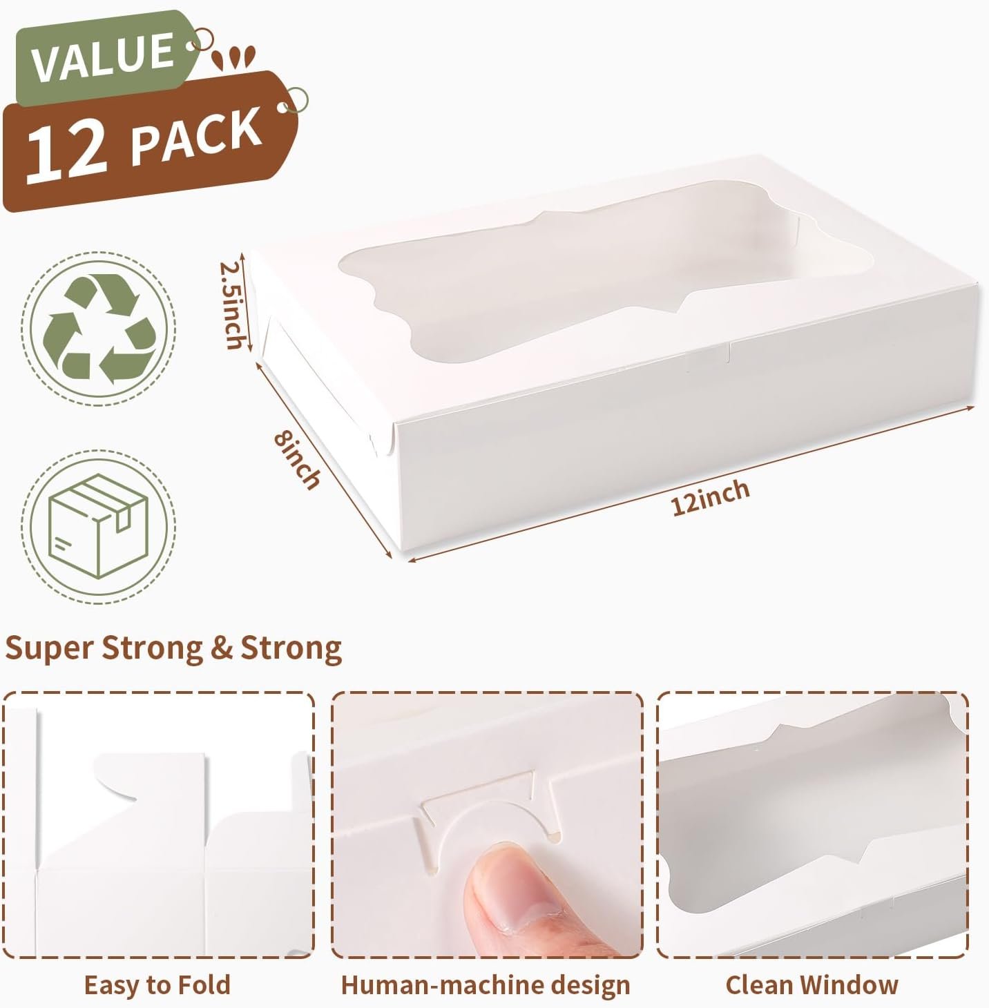 Wholesale 12-Pack 12x8x2.5 Inch Bakery Cookie Boxes with Window 3 Styles for Bread Treats Chocolate Strawberries Desserts Cakes Donuts Muffins Pastries Factory