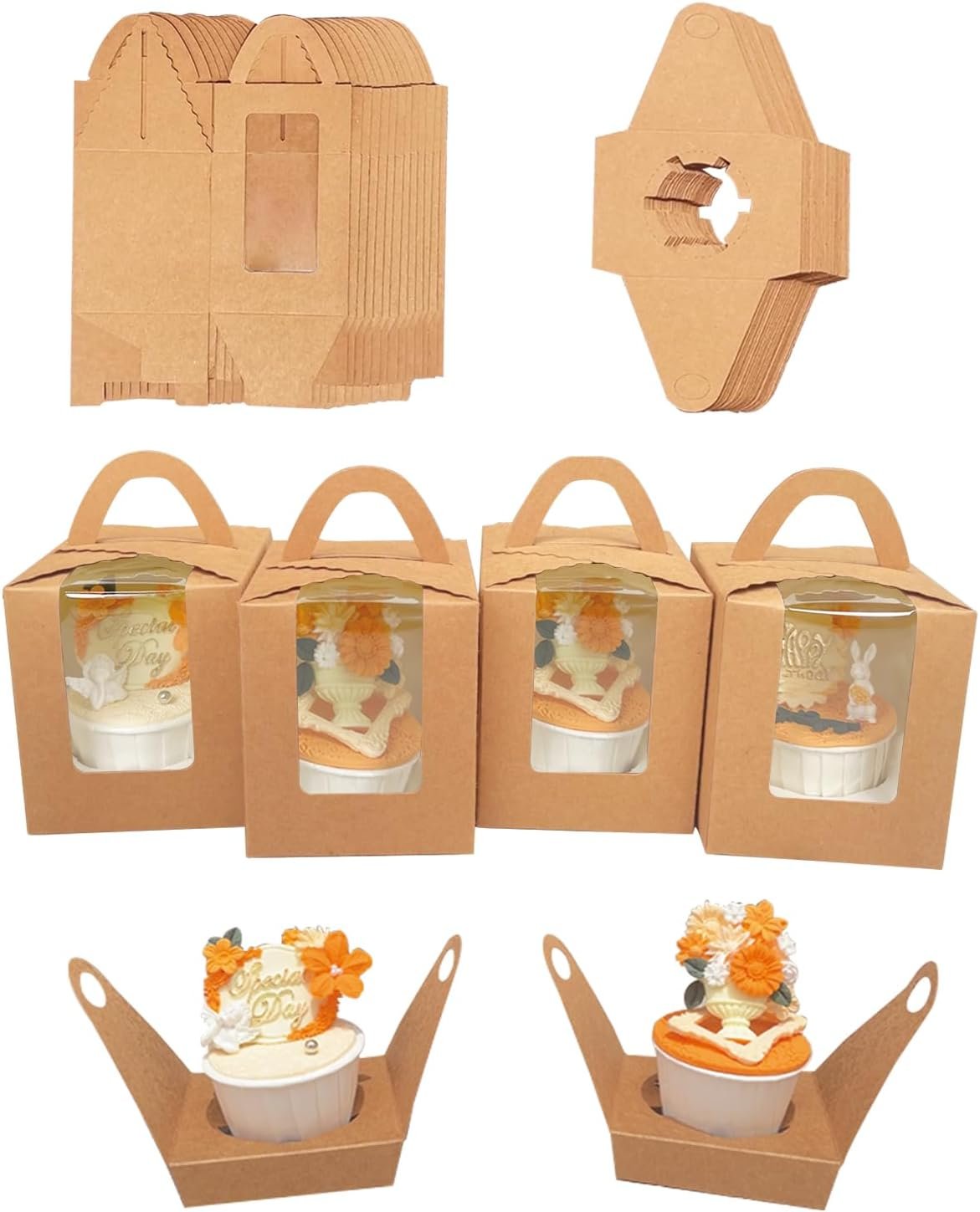 Wholesale Auto-Pop Up Individual Cupcake Boxes with Window 25 Count Brown Single Size 3.7 x 3.7 x 4.3 Inches Cupcake Carrier Factory