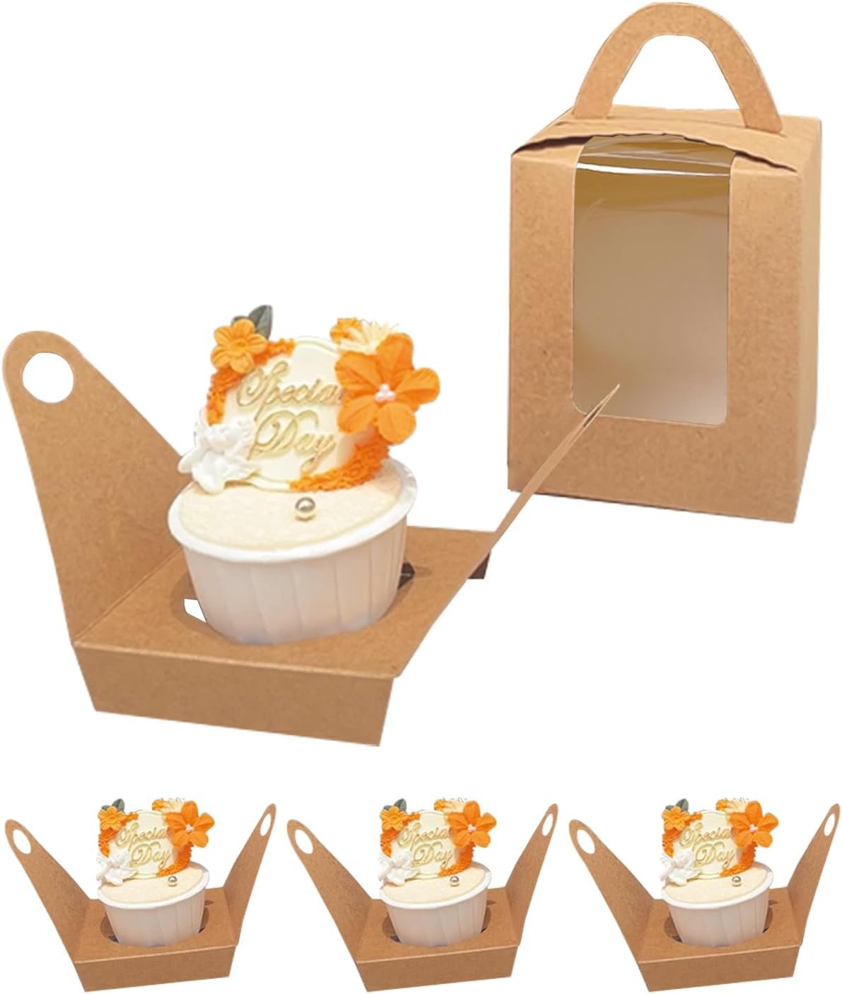 Wholesale Auto-Pop Up Individual Cupcake Boxes with Window 25 Count Brown Single Size 3.7 x 3.7 x 4.3 Inches Cupcake Carrier Factory