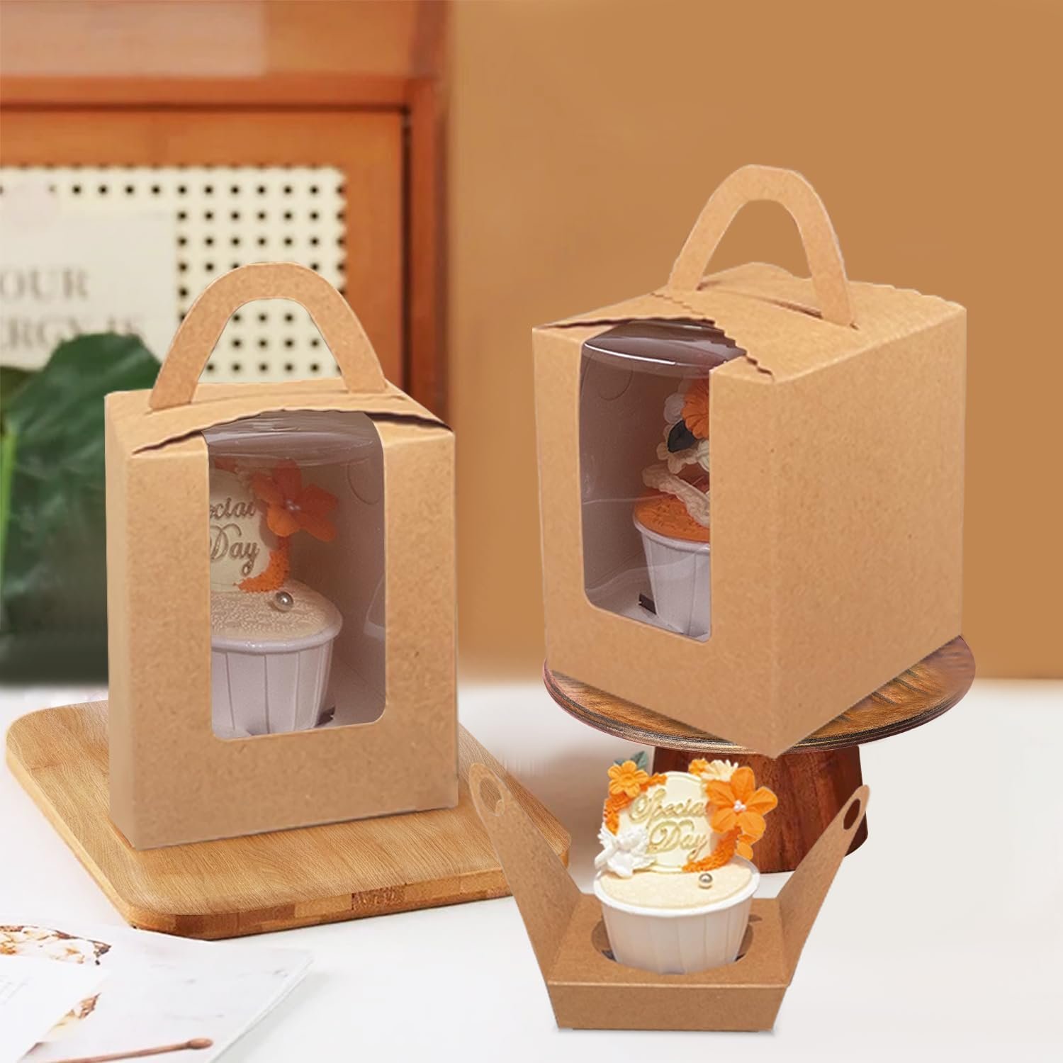 Wholesale Auto-Pop Up Individual Cupcake Boxes with Window 25 Count Brown Single Size 3.7 x 3.7 x 4.3 Inches Cupcake Carrier Factory