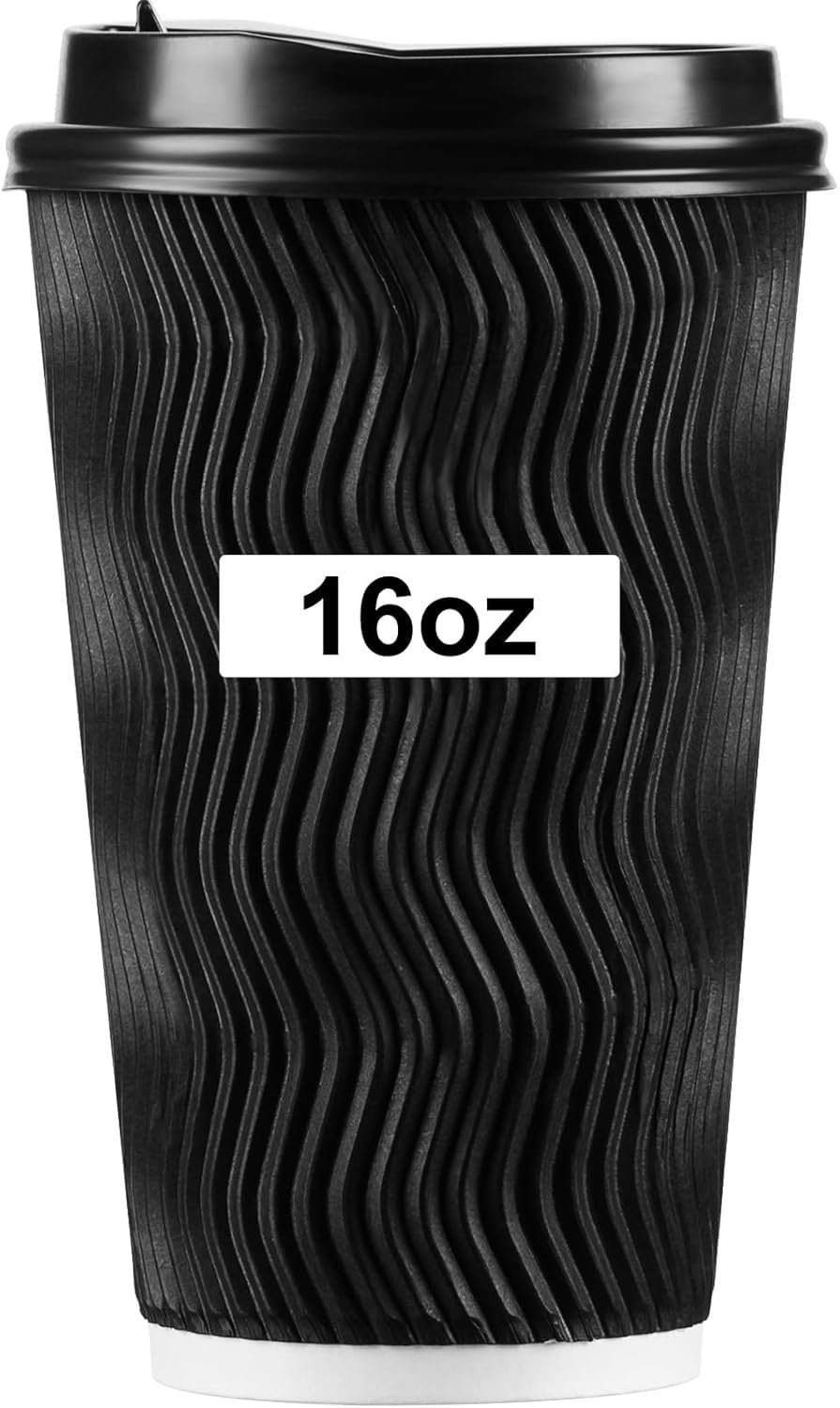 PARACITY 16oz Insulated Ripple Double-Walled Disposable Cups with Lids - 50Pack for Beverages, Espresso, Tea, Parties and Travel