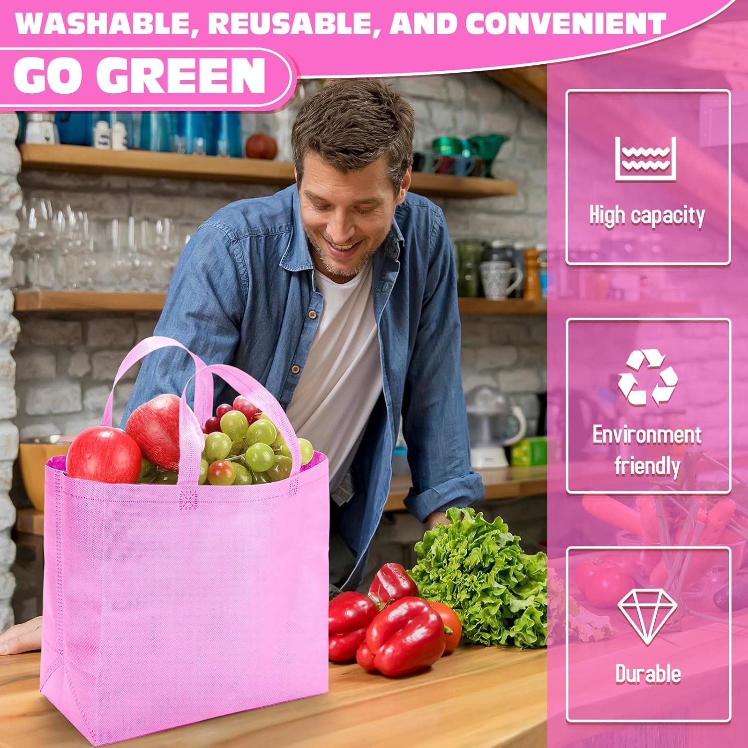 Wholesale Large Reusable Non-Woven Grocery Shopping Bags with Handles Foldable Portable Tote Bulk 12.6 x 11.8 x 6.3 Inch Factory