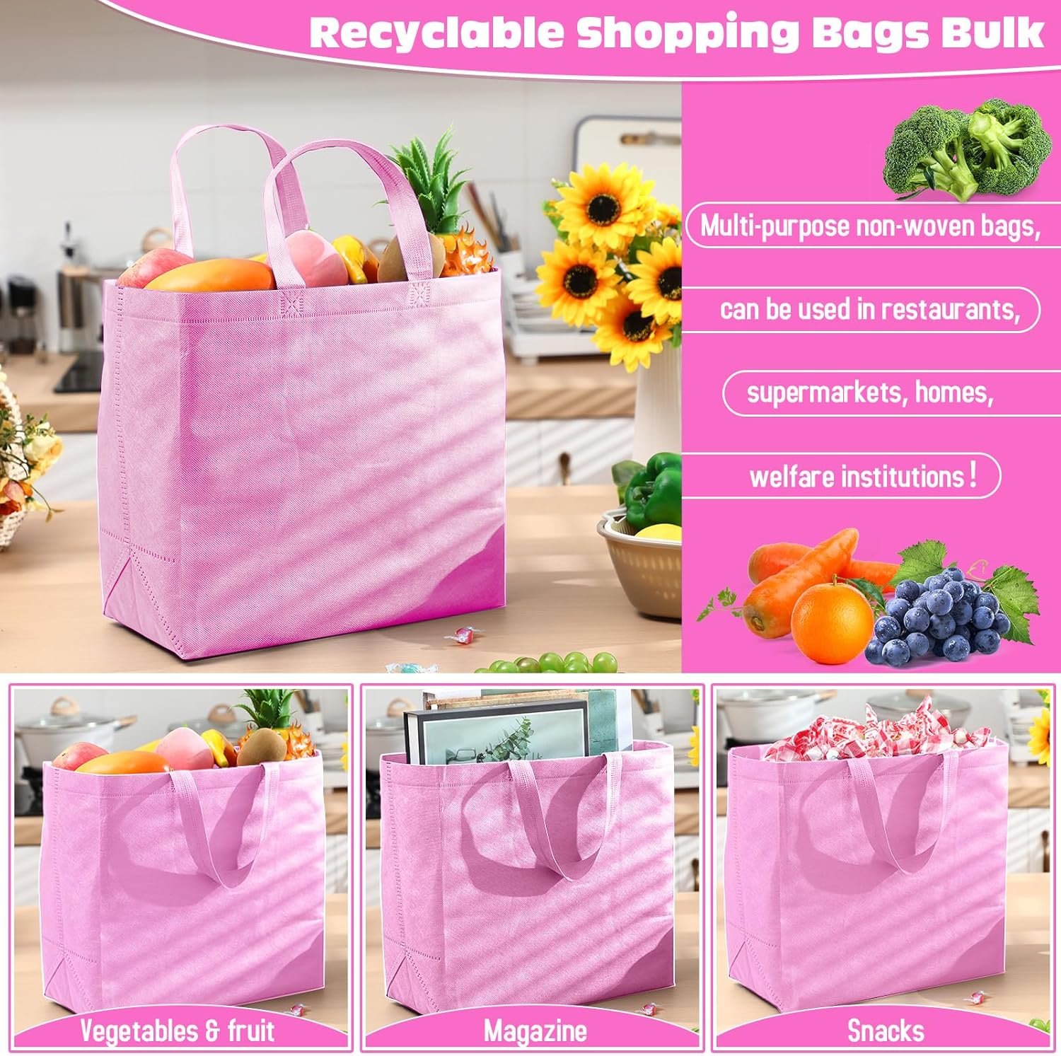 Wholesale Large Reusable Non-Woven Grocery Shopping Bags with Handles Foldable Portable Tote Bulk 12.6 x 11.8 x 6.3 Inch Factory