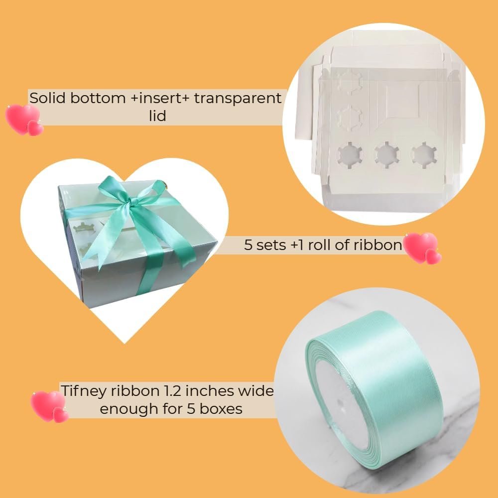 Wholesale 5-Pack Cupcake Box Combo Full Clear Lid 1.2-Inch Wide Ribbon Storage for 1 Small Cake 5 Cupcakes Includes Stickers Birthday Party Mother's Day Tiffany Blue supplier