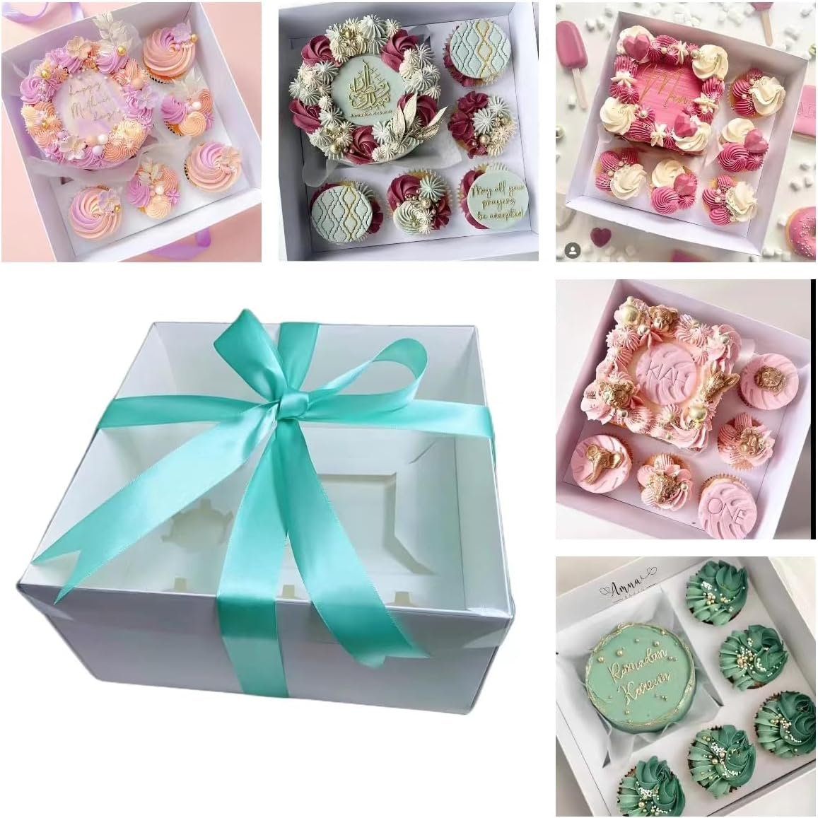 STVIRPOW 5-Pack Cupcake Box Combo with Full Clear Lid and 1.2 wide ribbon1 Small Cake and 5 Cupcakes Storage Container, Ribbon and Stickers for Birthday Party, Mother's Day(Tiffany blue ribbon)