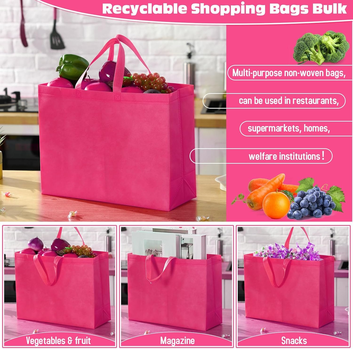 Wholesale Large Reusable Non-Woven Grocery Shopping Bags with Handles Foldable Portable Tote 16x6x12 Inch Factory