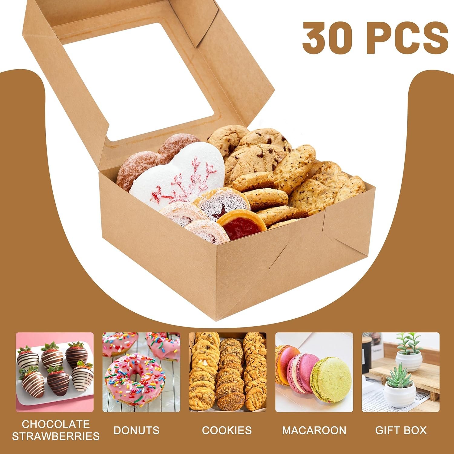 Wholesale 8x8x3 Inch Kraft Cookie Candy Boxes with Window for Chocolate Covered Strawberries Macarons Donuts Breakable Hearts Baked Goods Gift Treats Charcuterie 30 Pack Brown Factory