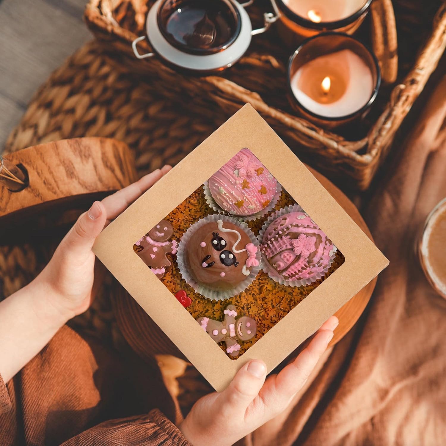 Wholesale 8x8x3 Inch Kraft Cookie Candy Boxes with Window for Chocolate Covered Strawberries Macarons Donuts Breakable Hearts Baked Goods Gift Treats Charcuterie 30 Pack Brown Factory