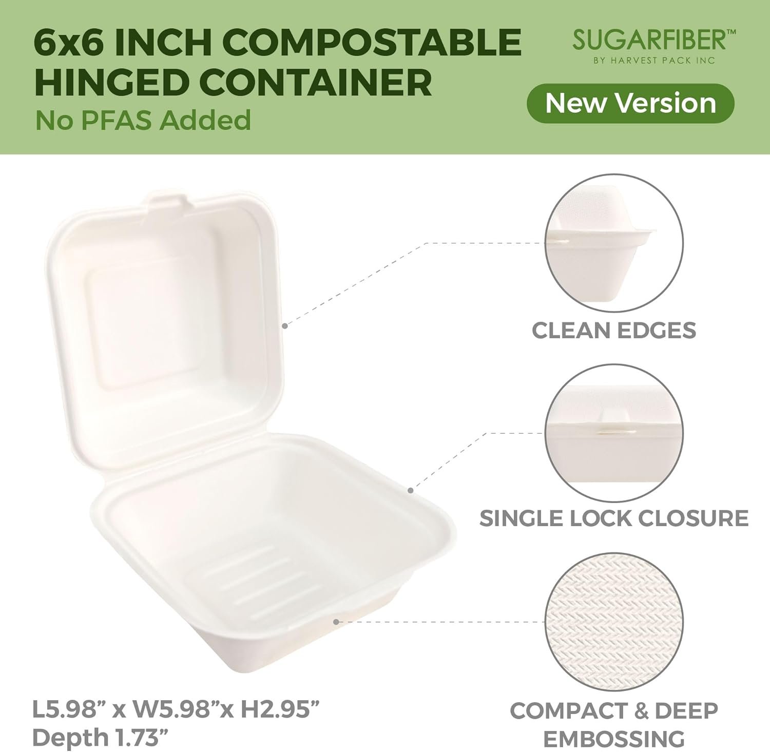 Wholesale 50 Count 6x6 Inch White Compostable Hinged Food Containers Disposable Square Single Compartment Clamshell Takeout Boxes Eco-Friendly Bagasse Sugarcane No PFAS Factory