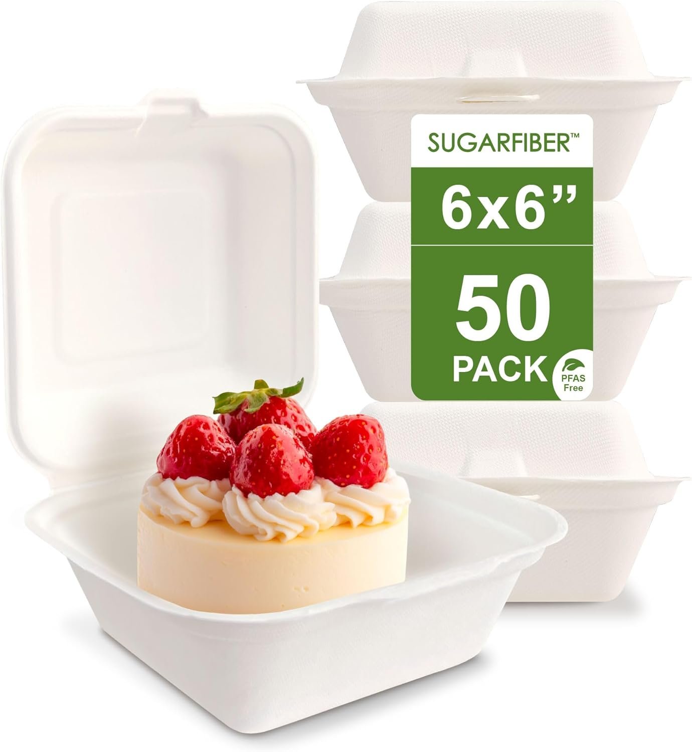[50 COUNT]Harvest Pack 6 X 6 inch White Compostable Food Hinged Container, Disposable Square Single Compartment Clamshell Takeout to go Box, Eco-Friendly Bagasse Sugarcane, No PFAS Added, New Version