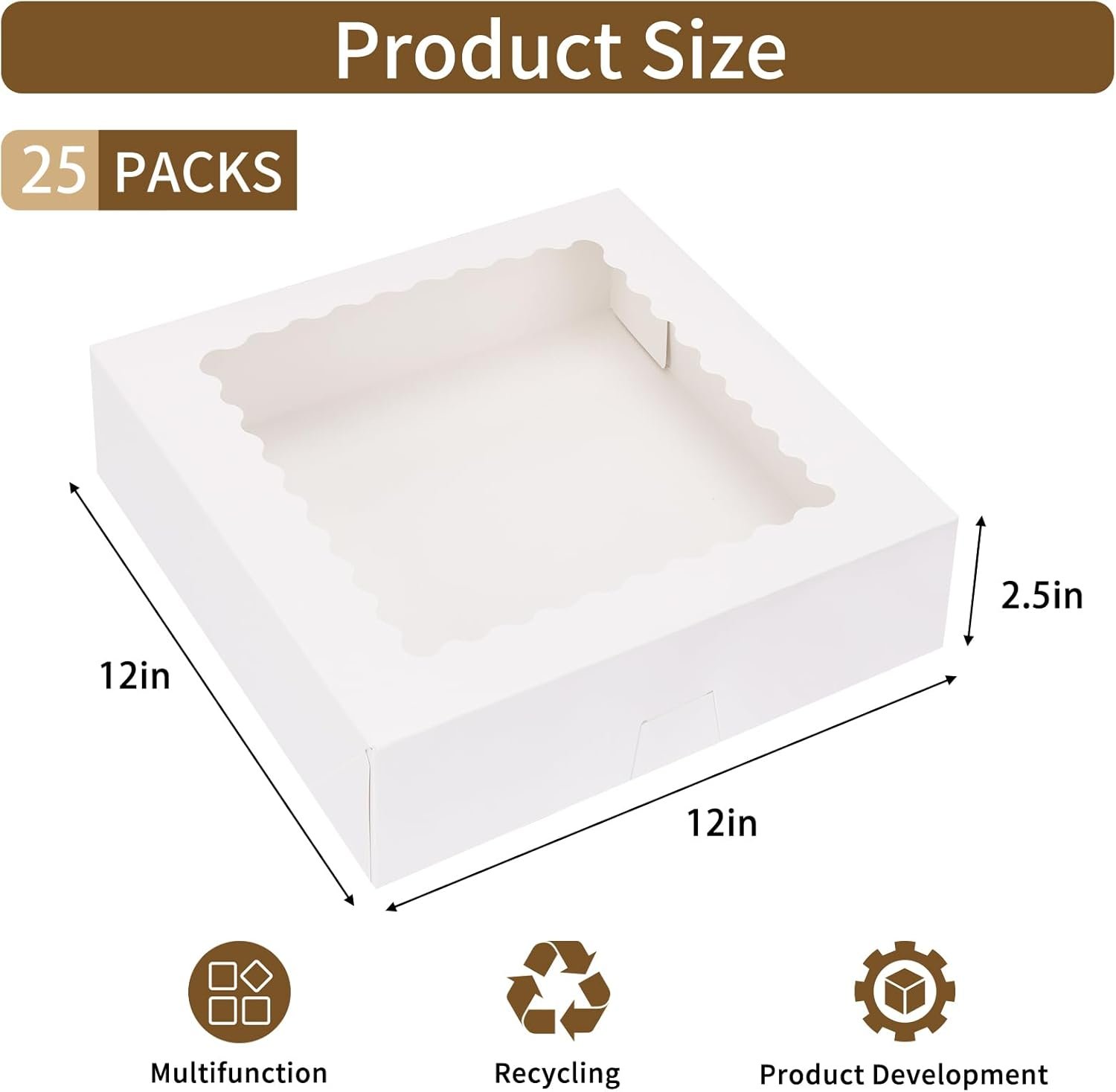Wholesale 25pcs 12x12x2.5 White Bakery Boxes with Window Auto-Popup for Pies Cookies Desserts Pizza Strawberries Pastries Muffins Donuts Factory